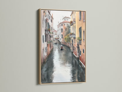 Venice Canal art displayed in an oak frame. The Italian watercolor artwork brings a touch of European cityscape to your dining room decor. Notice the gondola art and vintage cityscape details.