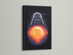 The image presents Darth Vader sunset art in a black frame. This art creates a bold statement. It's perfect for sci-fi enthusiasts. Add a dramatic touch to your man cave with this pop culture art.