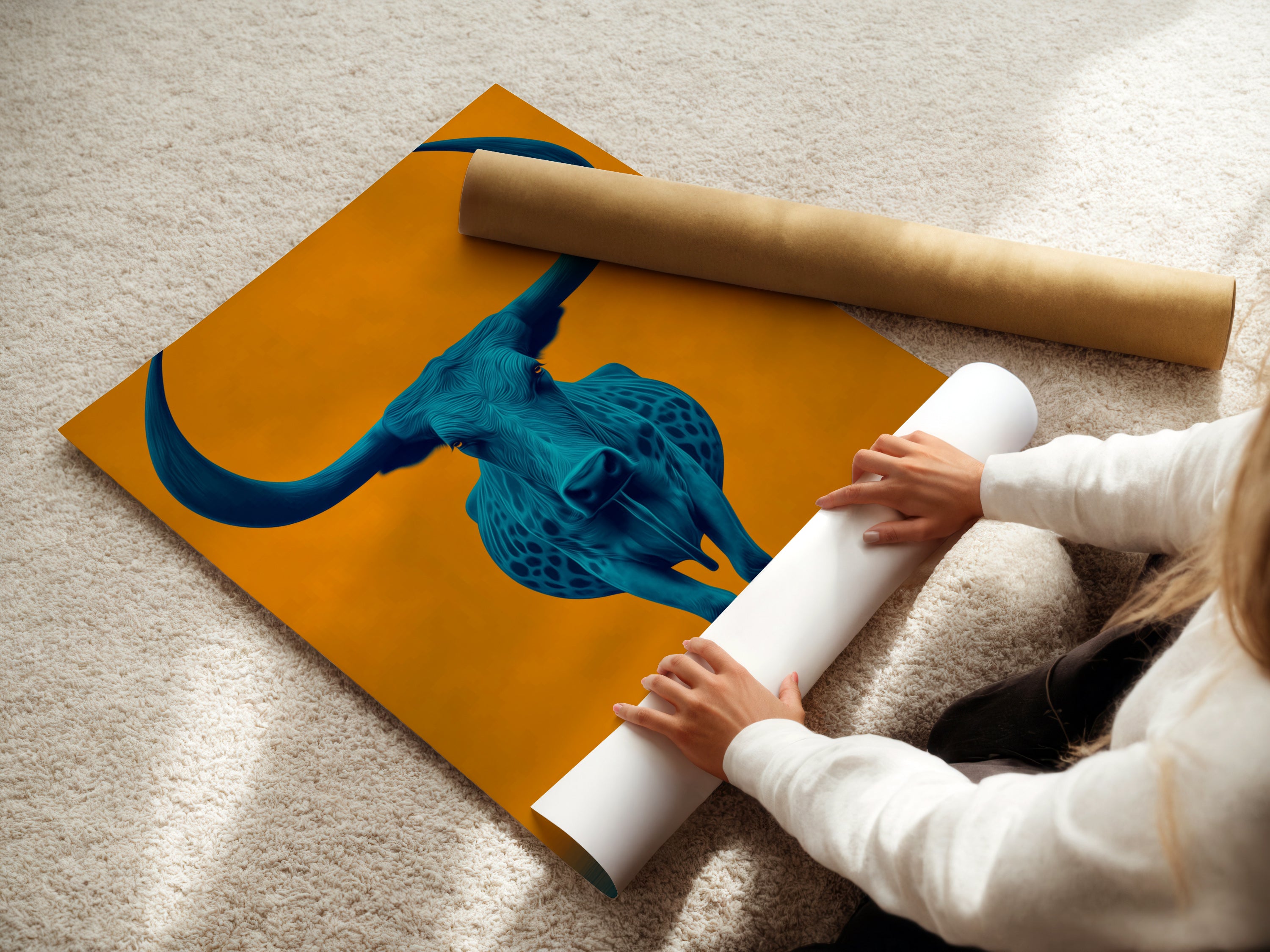 Teal Longhorn - poster paper rolling