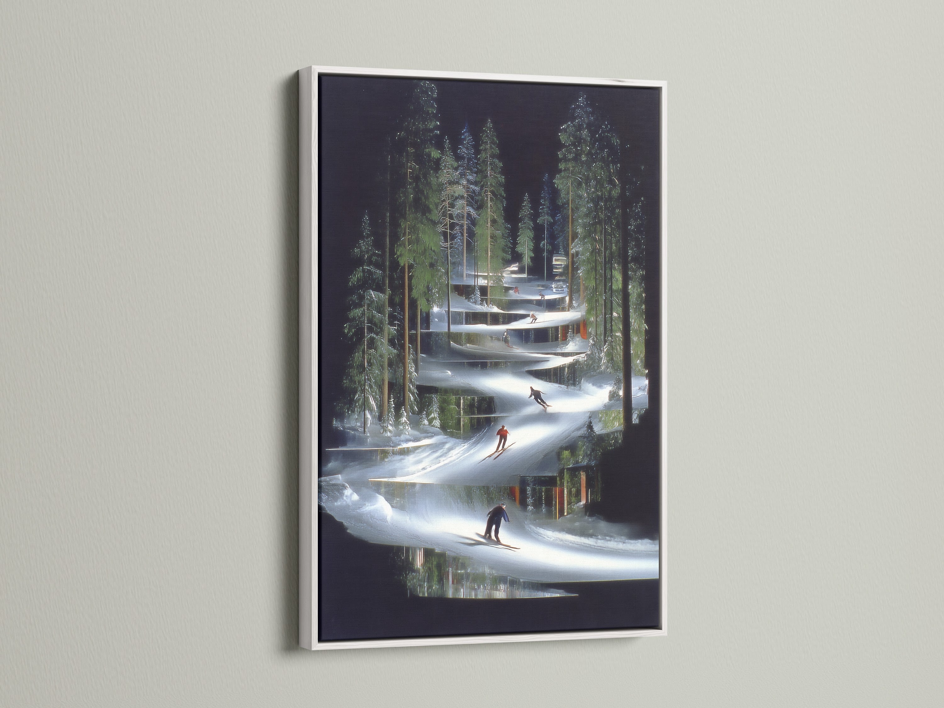 Modern ski resort artwork displayed in a white frame. This alpine forest wall art adds a touch of elegance. It's ideal contemporary winter sports decor for any room. Transform your walls with this stunning piece.
