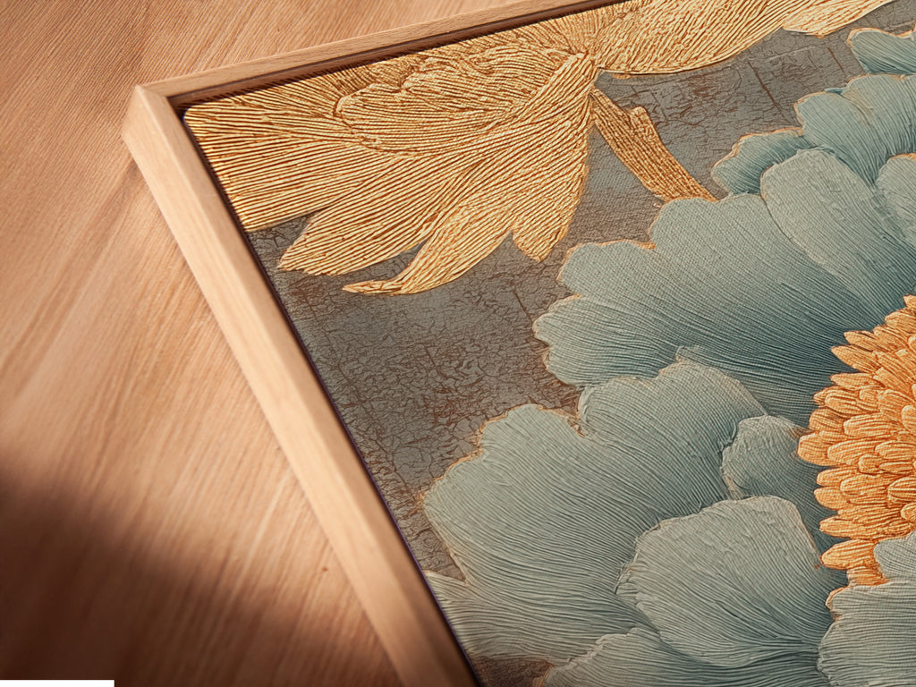 This is an angled close-up of a canvas print in a floating frame. The frame enhances the artwork's depth. It creates a gallery-like feel. Perfect for showcasing your favorite pieces. The artwork stands out beautifully. The artwork is displayed on a white wall.