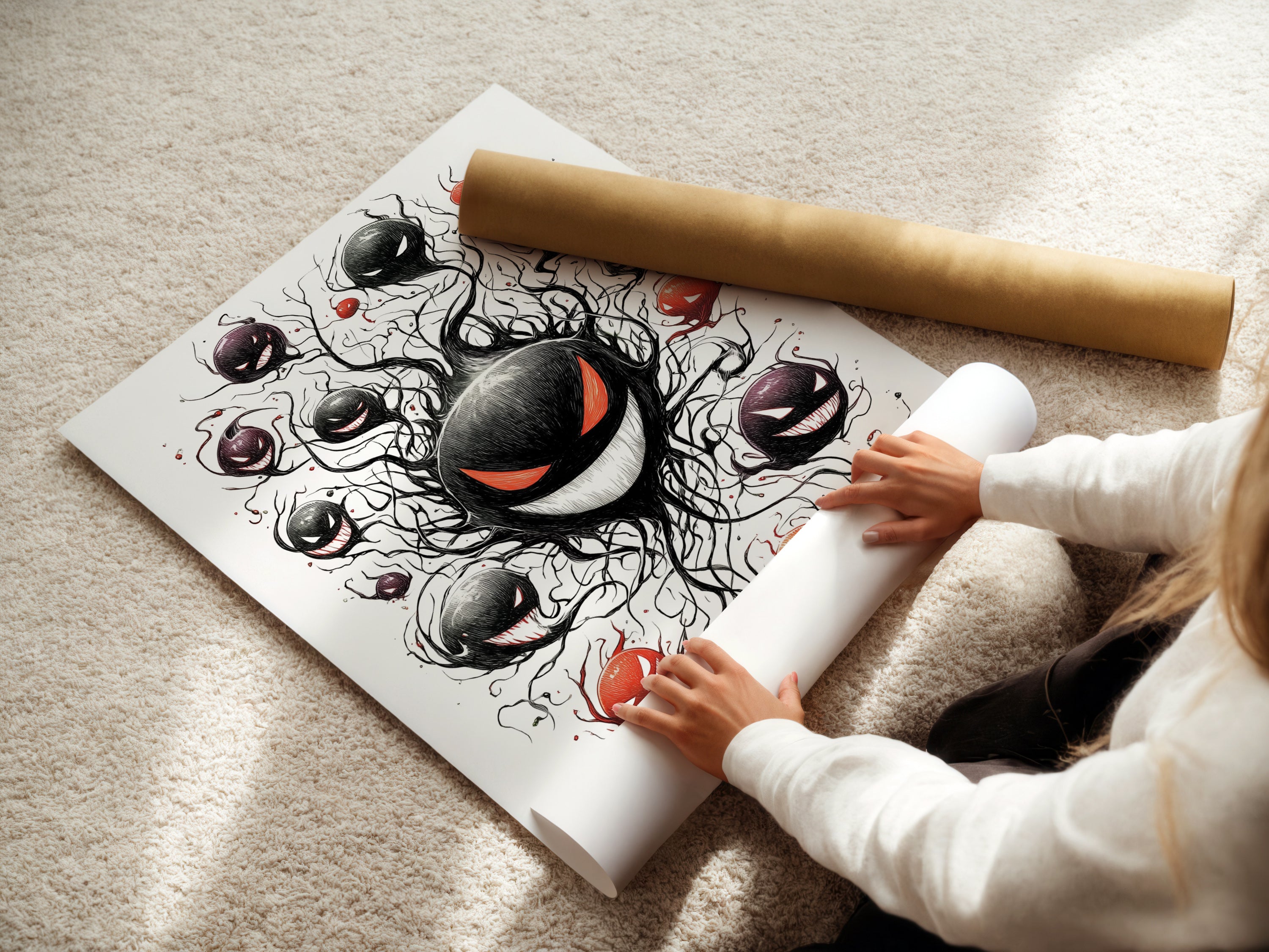 A woman is carefully rolling a fine art poster paper. This highlights the care in handling our ghostly spirits artwork. Perfect for Halloween decor or a gamer gift. The poster features cartoon spirits and eerie playful decor. Ideal for framing.