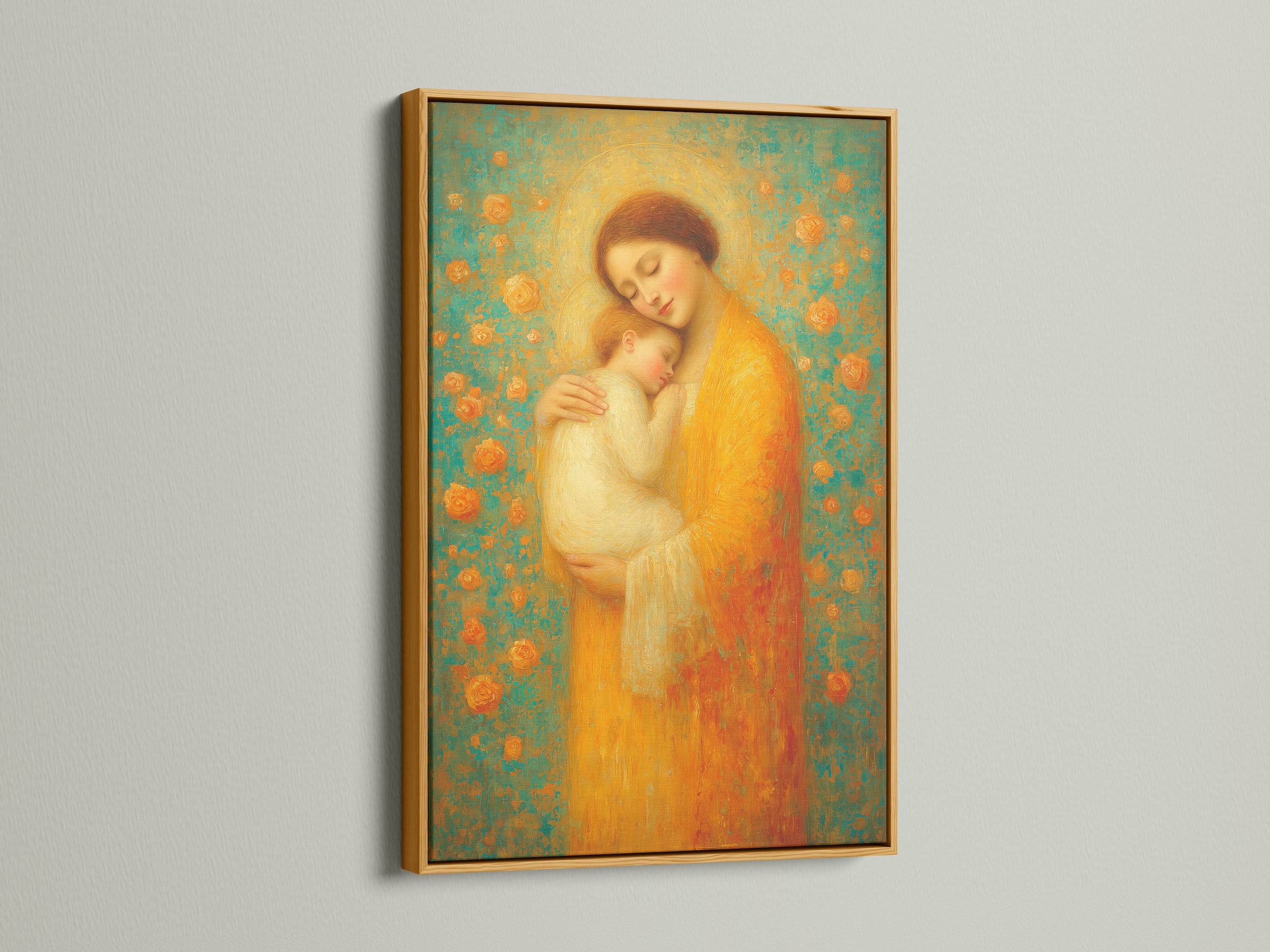 The fine art print featuring mother and child is presented in a gold frame. The gold frame adds a touch of elegance and luxury. It enhances the artwork's richness. It creates a focal point in your decor.