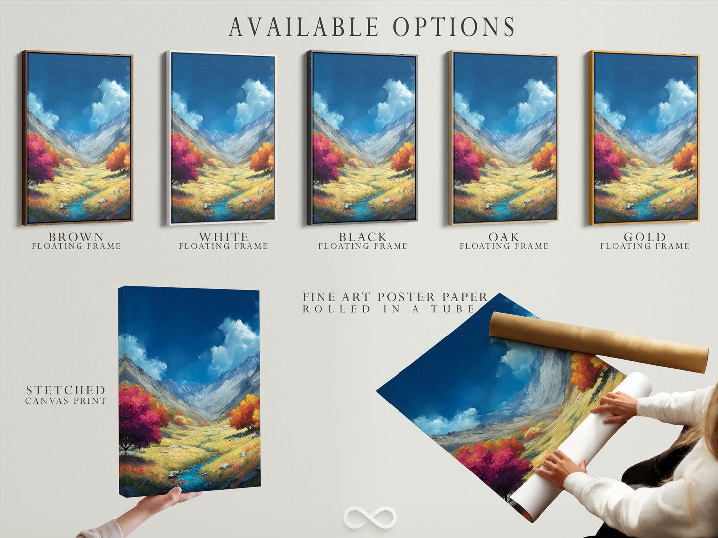 Available options for the Mountain Valley artwork. Choose from a stretched canvas print. Also available as a fine art poster paper. Consider a floating frame for a modern look. Perfect for customizing your home decor. Select the best option to showcase this autumn landscape.