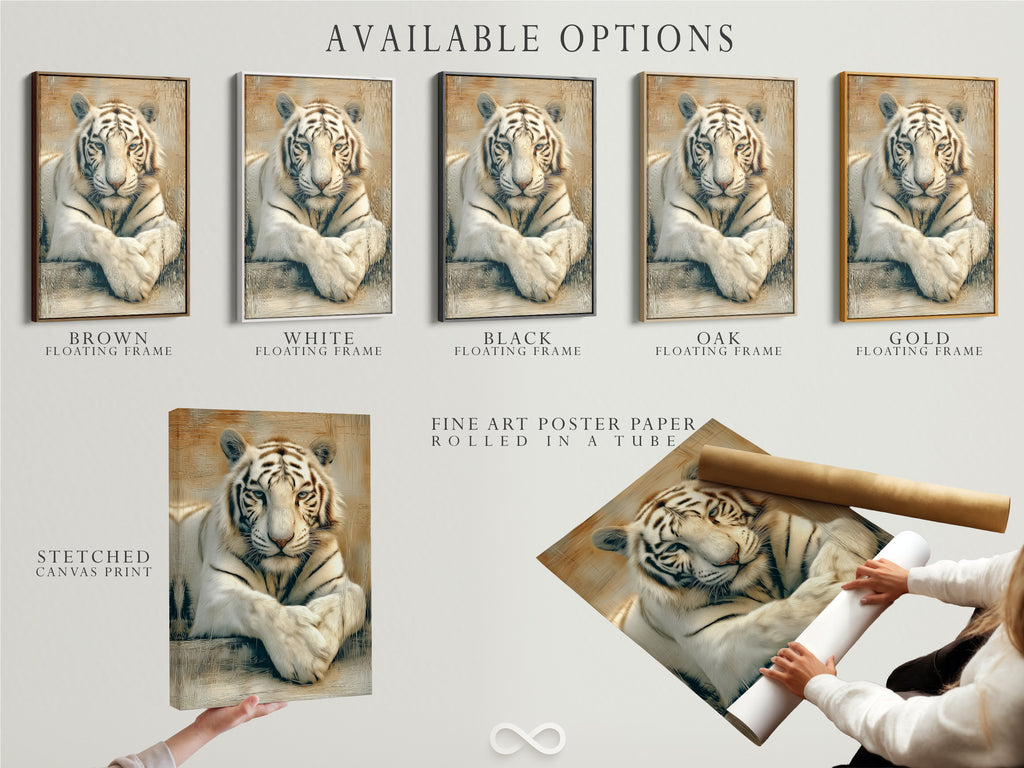 Available options for white tiger artwork including stretched canvas print fine art poster paper and floating frame. Choose the perfect style to match your decor. Enhance your walls with big cat art.