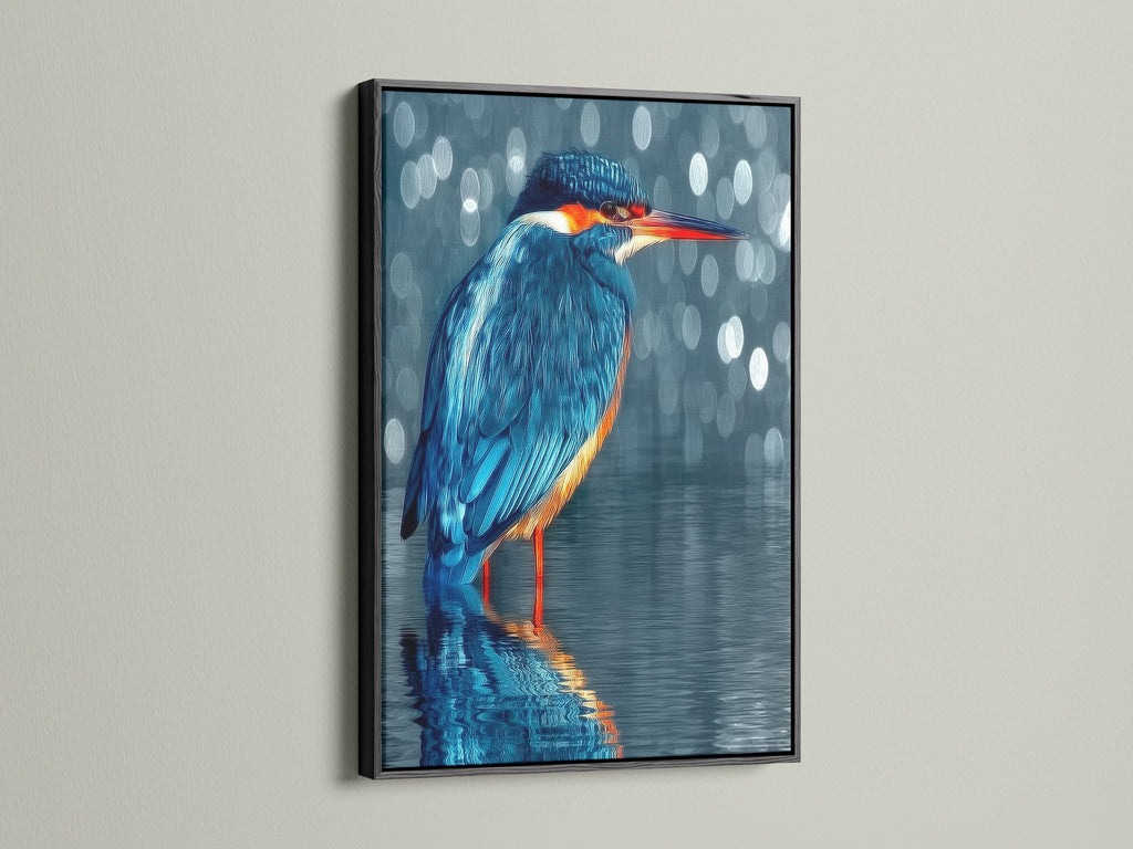 The black frame accentuates the kingfisher artwork. The modern wildlife photography is striking. The bird canvas is ideal for office wall decor. The animal photography is a sophisticated choice.