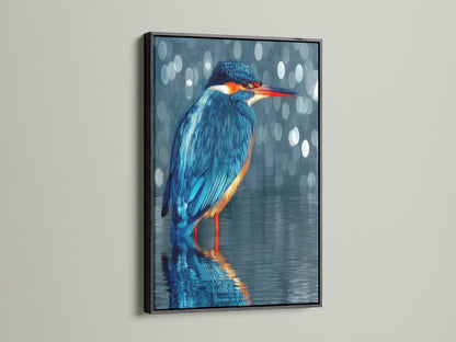 The black frame accentuates the kingfisher artwork. The modern wildlife photography is striking. The bird canvas is ideal for office wall decor. The animal photography is a sophisticated choice.
