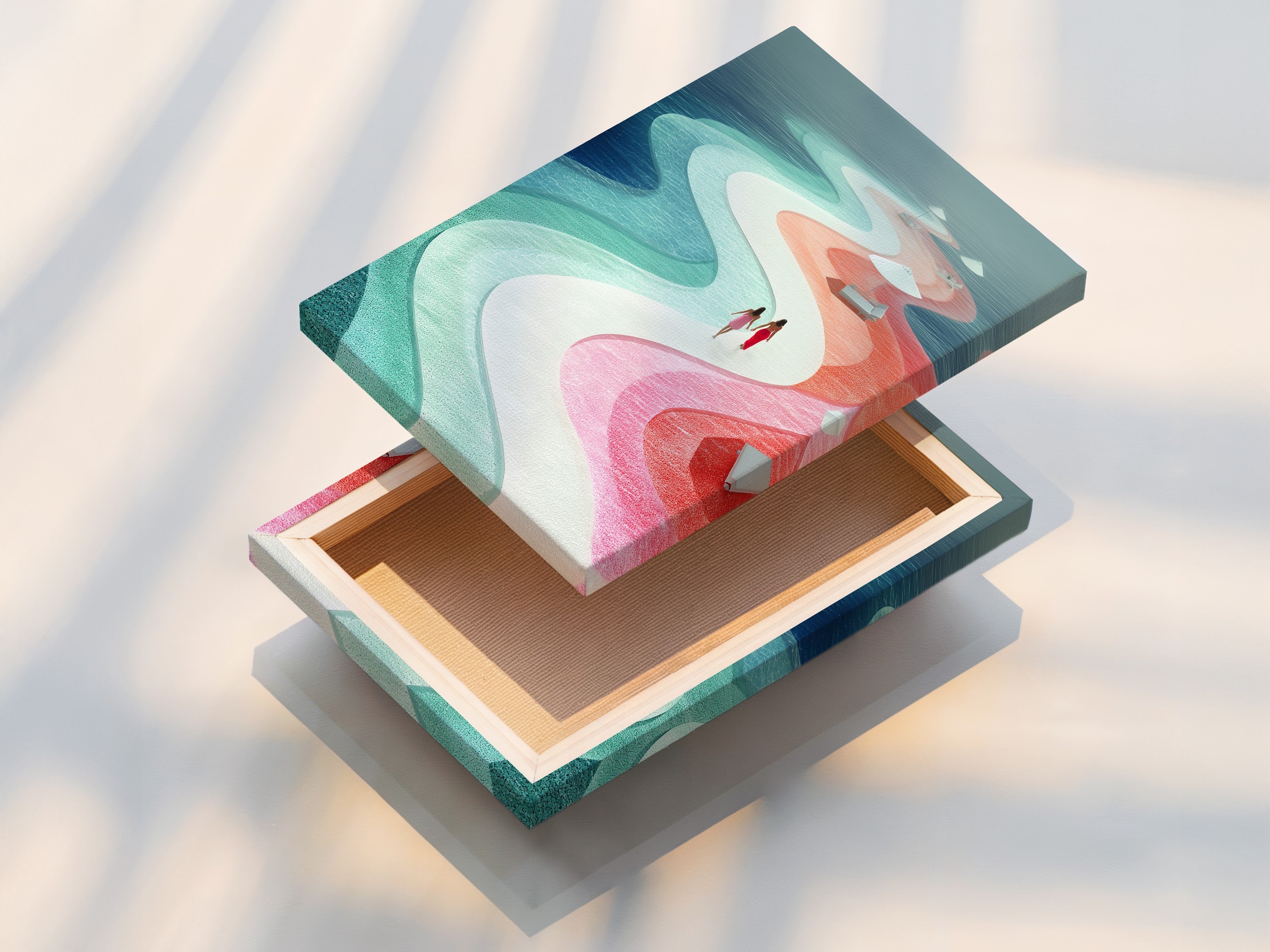 A stretched canvas print of abstract beach artwork. The teal pink coastal art is ready to hang. This modern ocean wave print adds a touch of the beach to any room. Perfect for creating a relaxing atmosphere. Its stretched canvas ensures a professional look.