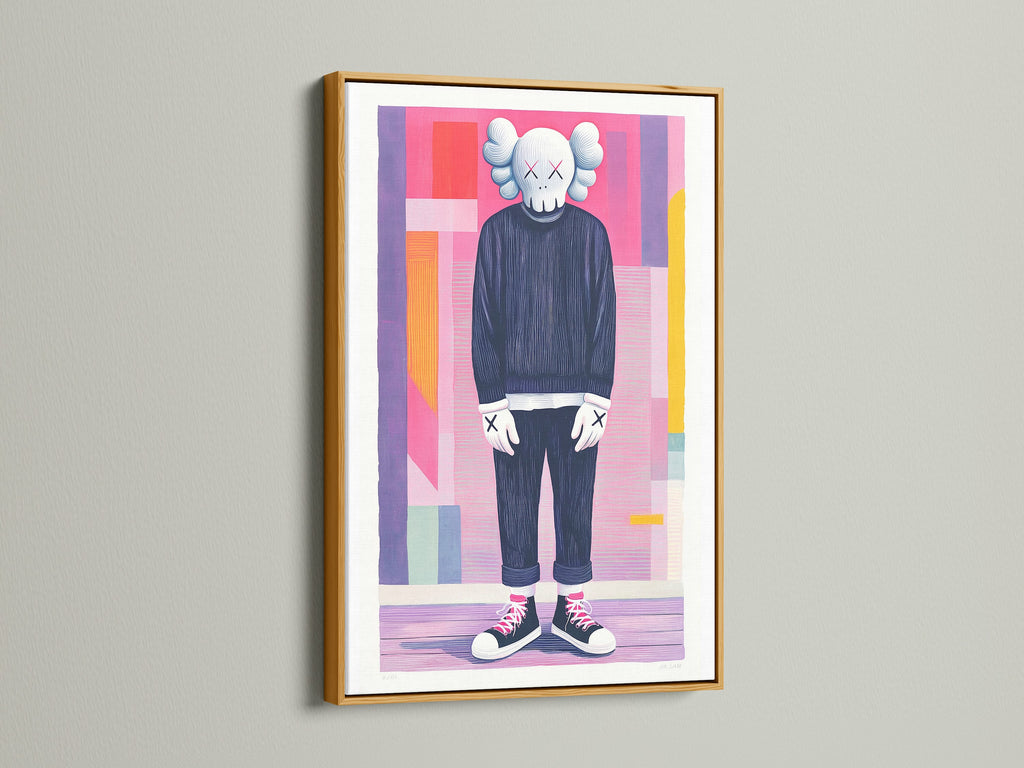 The artwork features a human-like figure with a skull head. It is set in a sophisticated gold frame. The artwork is mounted on a white wall. The gold frame adds a touch of luxury. It enhances the artwork's vibrant colors. Elevate your home decor with this framed piece.