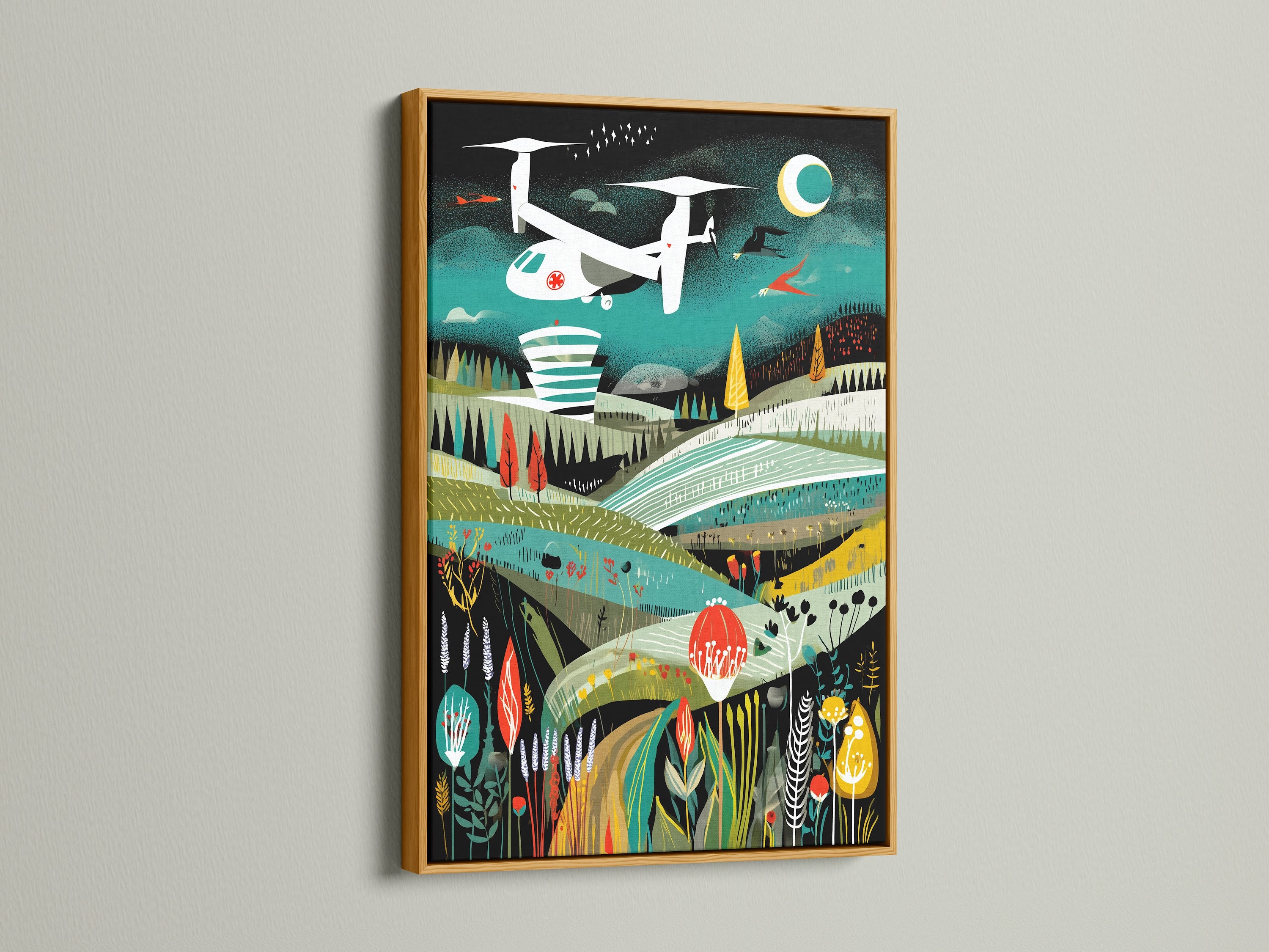 Rescue Helicopter artwork presented in a gold frame. The aviation print adds a luxurious touch to your space. This retro wall art complements mid-century modern decor. It’s perfect for adding a vintage airplane accent.