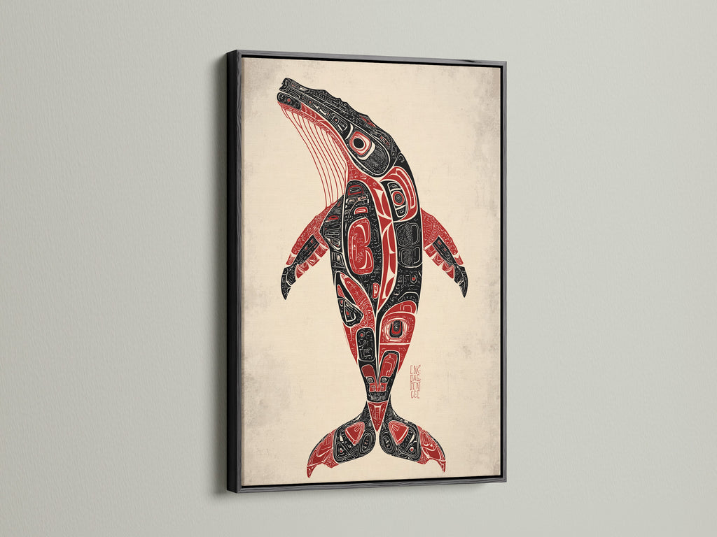 The whale art print is showcased in a black frame. It is a striking piece of Pacific Northwest native artwork. This tribal wall art is a bold statement. Perfect for a modern office.