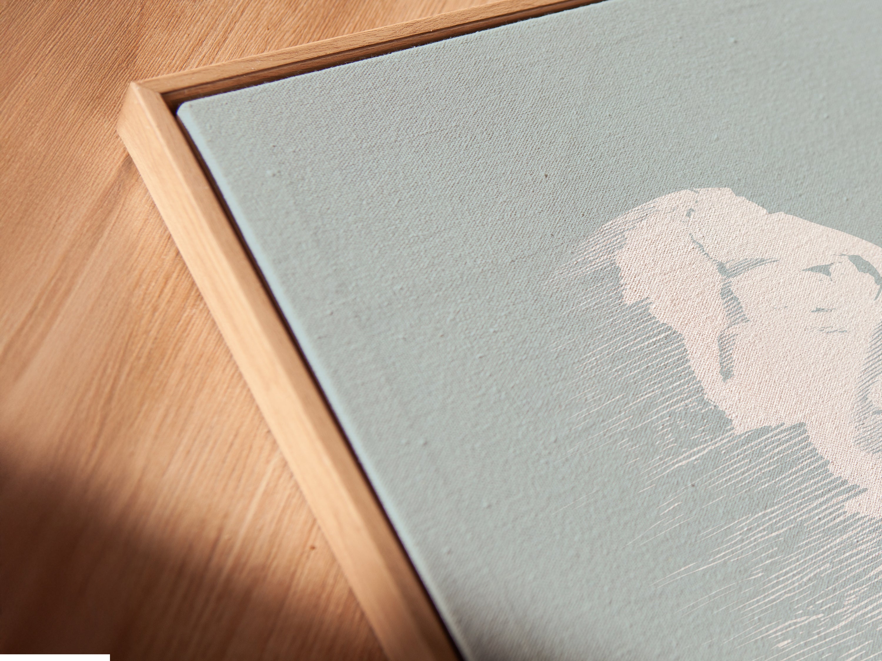 Close up view of the canvas print in a floating frame. The floating frame gives the artwork a unique look. It adds depth to the minimalist art. Perfect for a modern art print. The frame enhances the artwork's beauty.