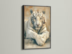 This striking white tiger canvas print is in a sleek black frame. The animal photography brings a modern touch to your wall art. This big cat wall art is ideal for office or home decor.