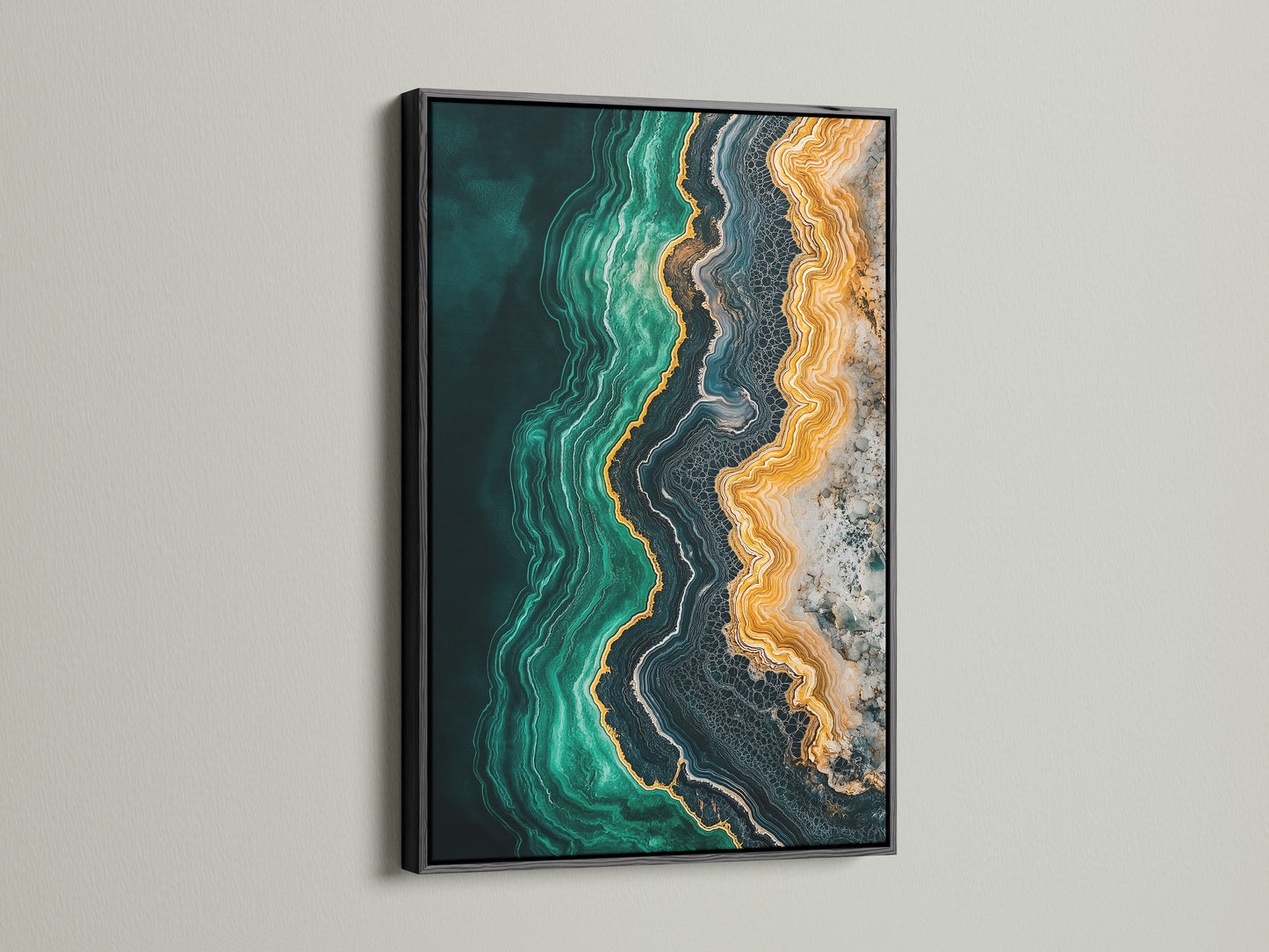 Stunning abstract ocean artwork. The emerald green teal and gold colors swirl together in this modern fluid artwork. A black frame provides a bold contrast to this emerald green art. Transform your wall with this luxurious wall art.