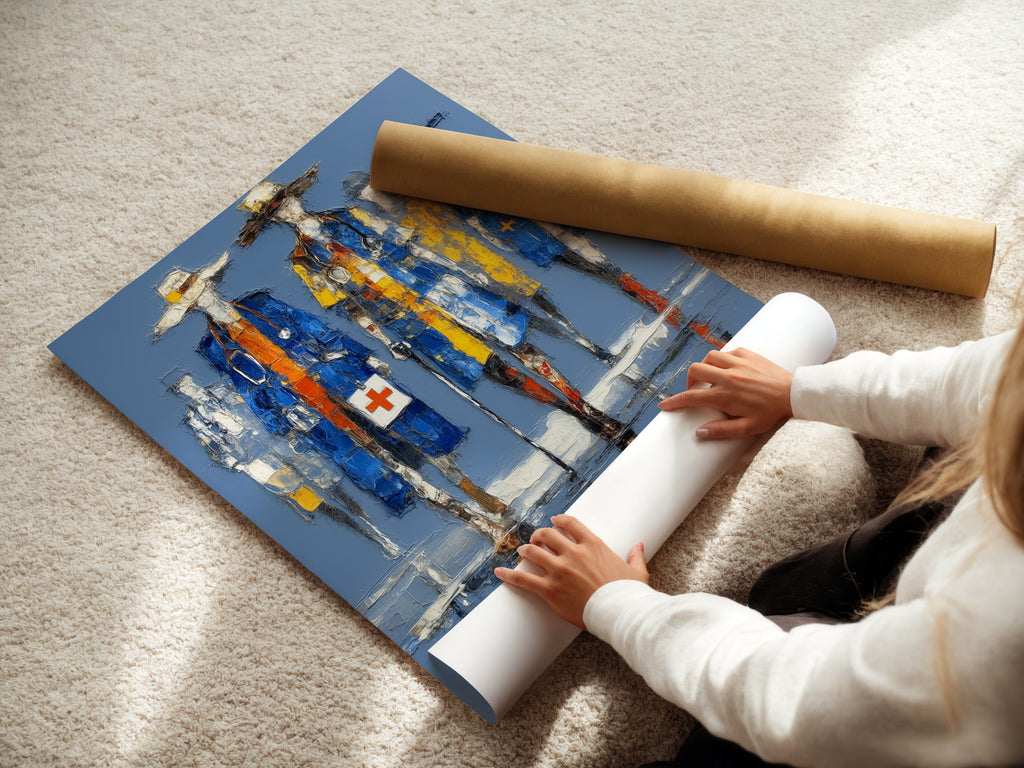 A woman rolls fine art poster paper. She is preparing medical heroes artwork. This allows for custom prints of healthcare art. The doctor canvas print is ready for framing.