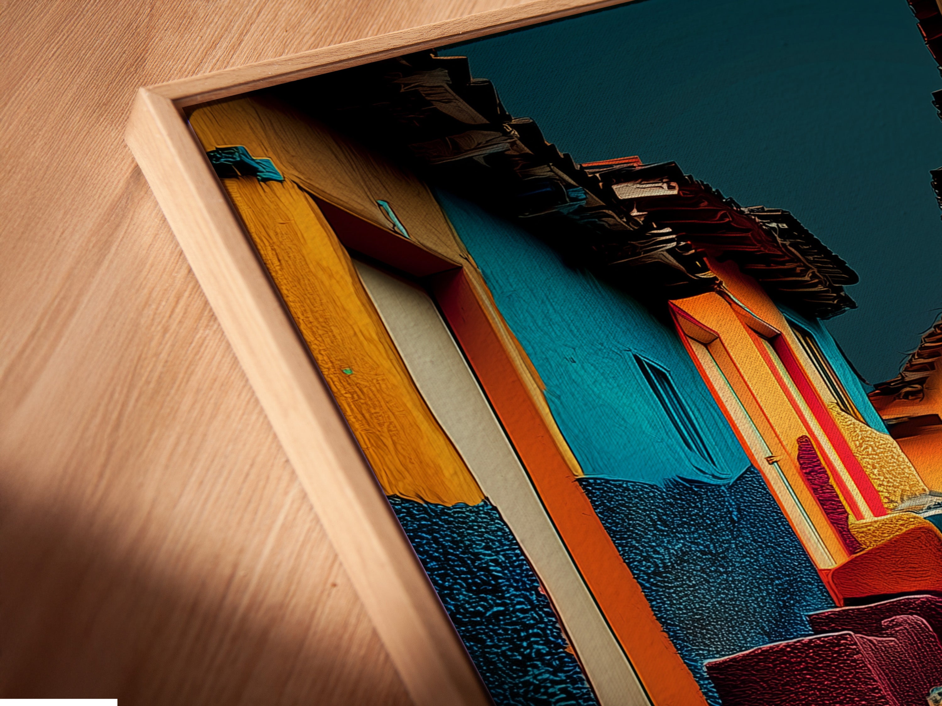 This is an angled close-up of a canvas print in a floating frame. The artwork features colorful stairs and buildings. The floating frame gives the illusion that the artwork is suspended. This adds a modern and sophisticated touch. A great way to showcase your favorite artwork.