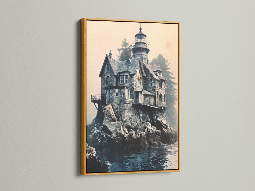 This Lighthouse Canvas Print is highlighted by a gold frame. The artwork features coastal architecture and a serene ocean view. The gold frame adds a touch of elegance. This piece is perfect for creating a sophisticated atmosphere.