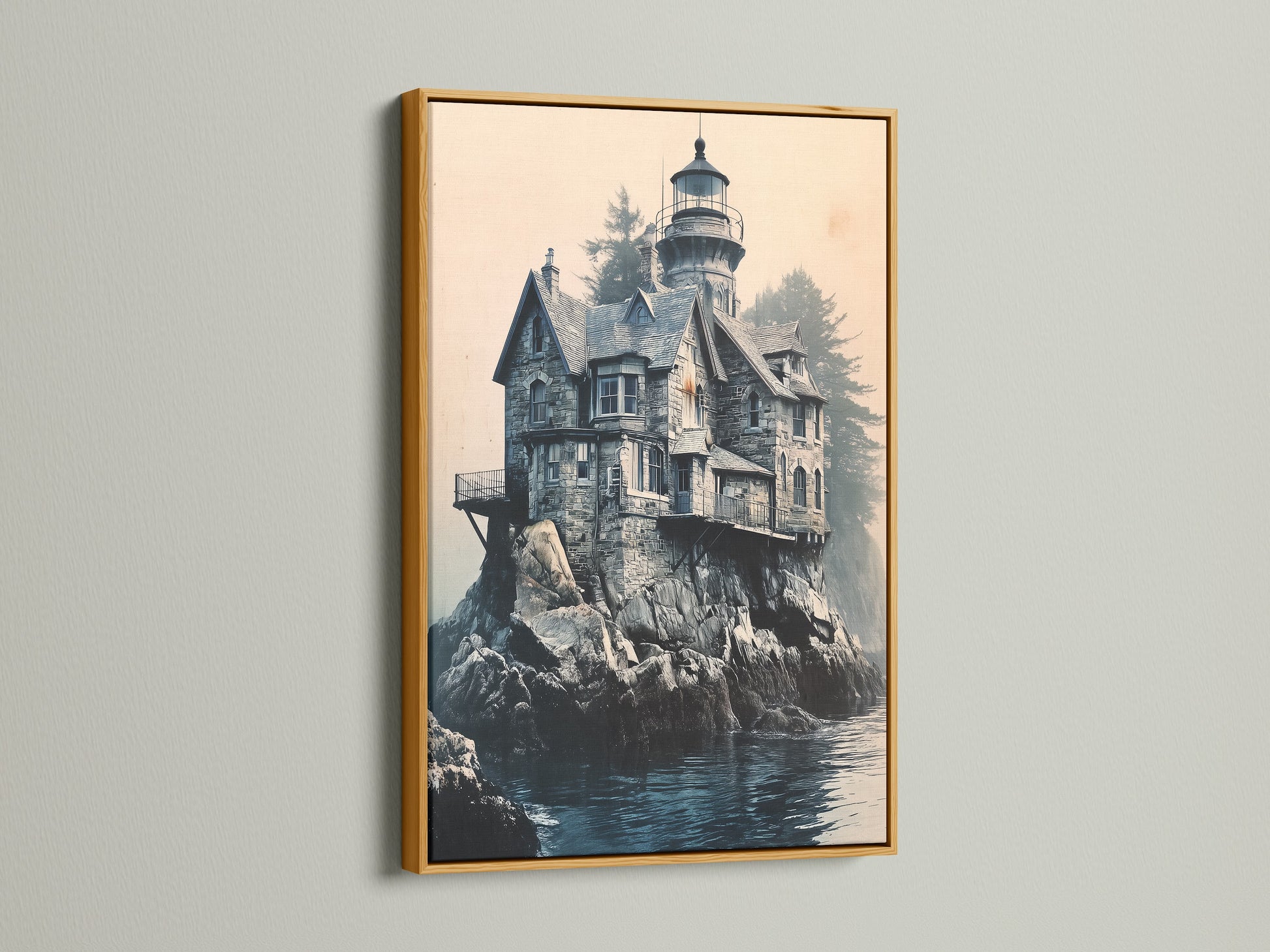 This Lighthouse Canvas Print is highlighted by a gold frame. The artwork features coastal architecture and a serene ocean view. The gold frame adds a touch of elegance. This piece is perfect for creating a sophisticated atmosphere.