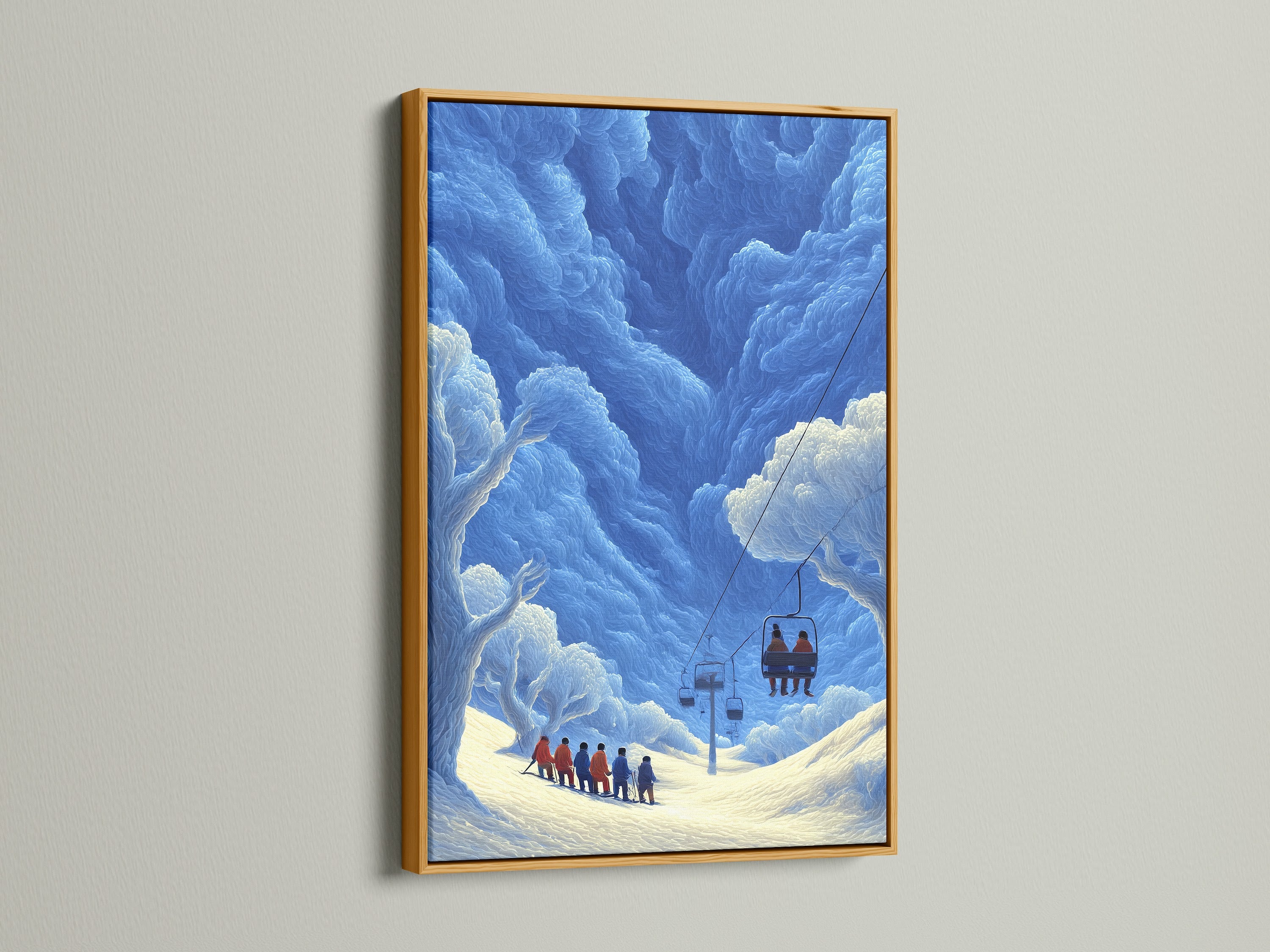 A gold frame adds a touch of elegance to this blue winter mountain artwork. This vintage ski lift poster is perfect for a luxurious ski lodge decor. The gold frame enhances the retro ski art style. Elevate your cabin wall decor with this sophisticated piece.