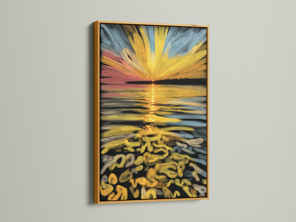 This image features an abstract sunset canvas artwork in a luxurious gold frame. The golden ocean wave art brings warmth and sophistication. It is ideal for living rooms bedrooms and housewarming gifts. Enhance your home with this elegant wall decor.