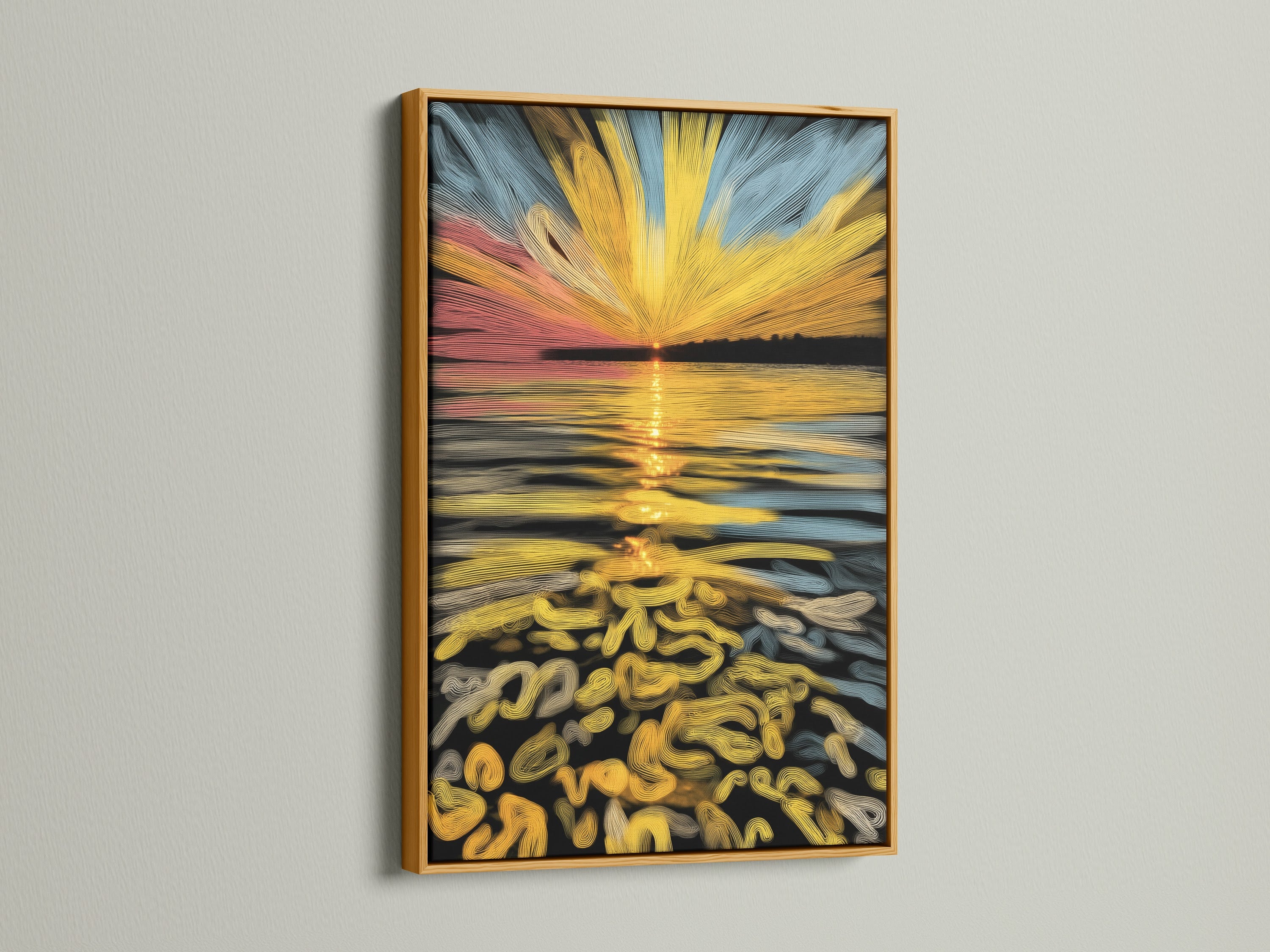 This image features an abstract sunset canvas artwork in a luxurious gold frame. The golden ocean wave art brings warmth and sophistication. It is ideal for living rooms bedrooms and housewarming gifts. Enhance your home with this elegant wall decor.