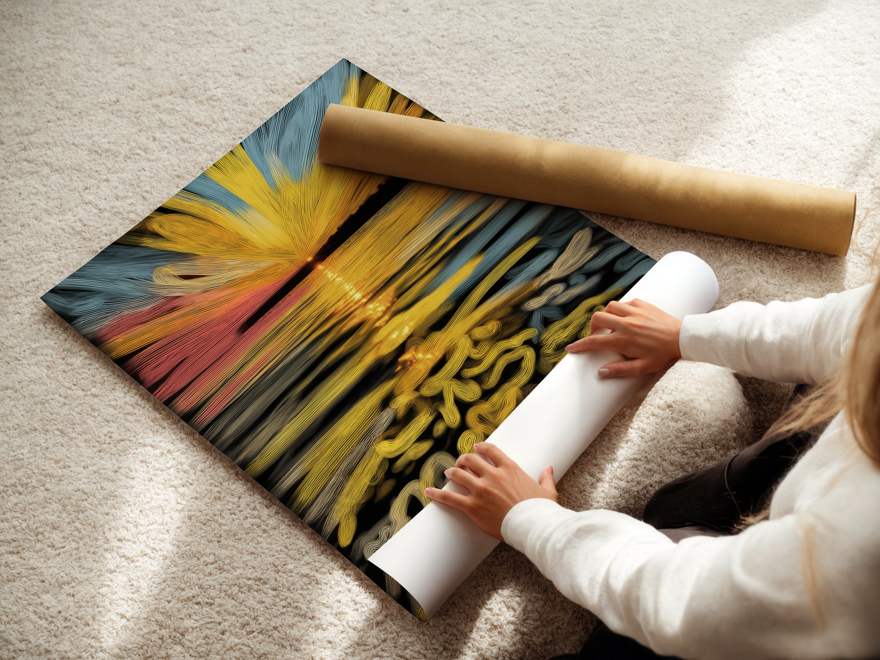 This photo shows a woman carefully rolling a fine art poster paper. The abstract sunset artwork is ideal for those seeking refined wall art. This golden ocean wave art complements coastal minimalist or contemporary styles. This is a perfect gift for homeowners renters and interior stylists.