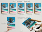 Available options for tropical beach artwork are displayed. Choose between stretched canvas print fine art poster paper or a floating frame. Personalize your coastal artwork with a palm tree and turquoise ocean scene.