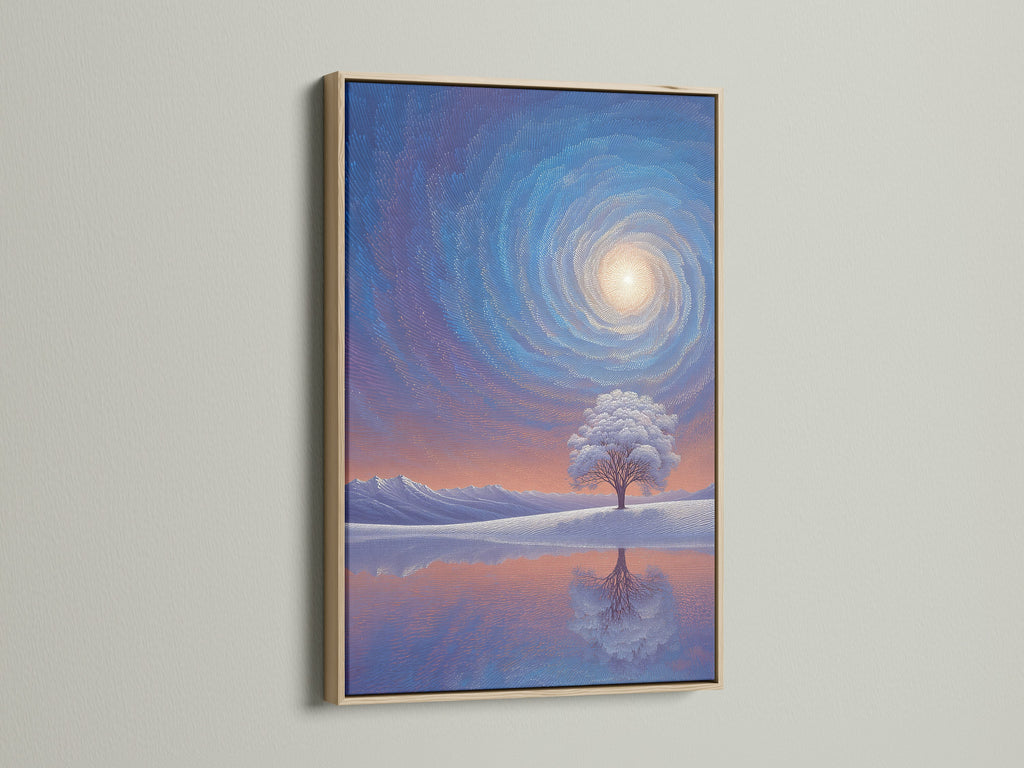 This oak frame enhances a serene landscape art piece. The natural wood grain complements the tranquil scene. It features a reflective lake and winter tree. The artwork adds warmth and sophistication to any room. Perfect for adding a touch of nature to your home decor.