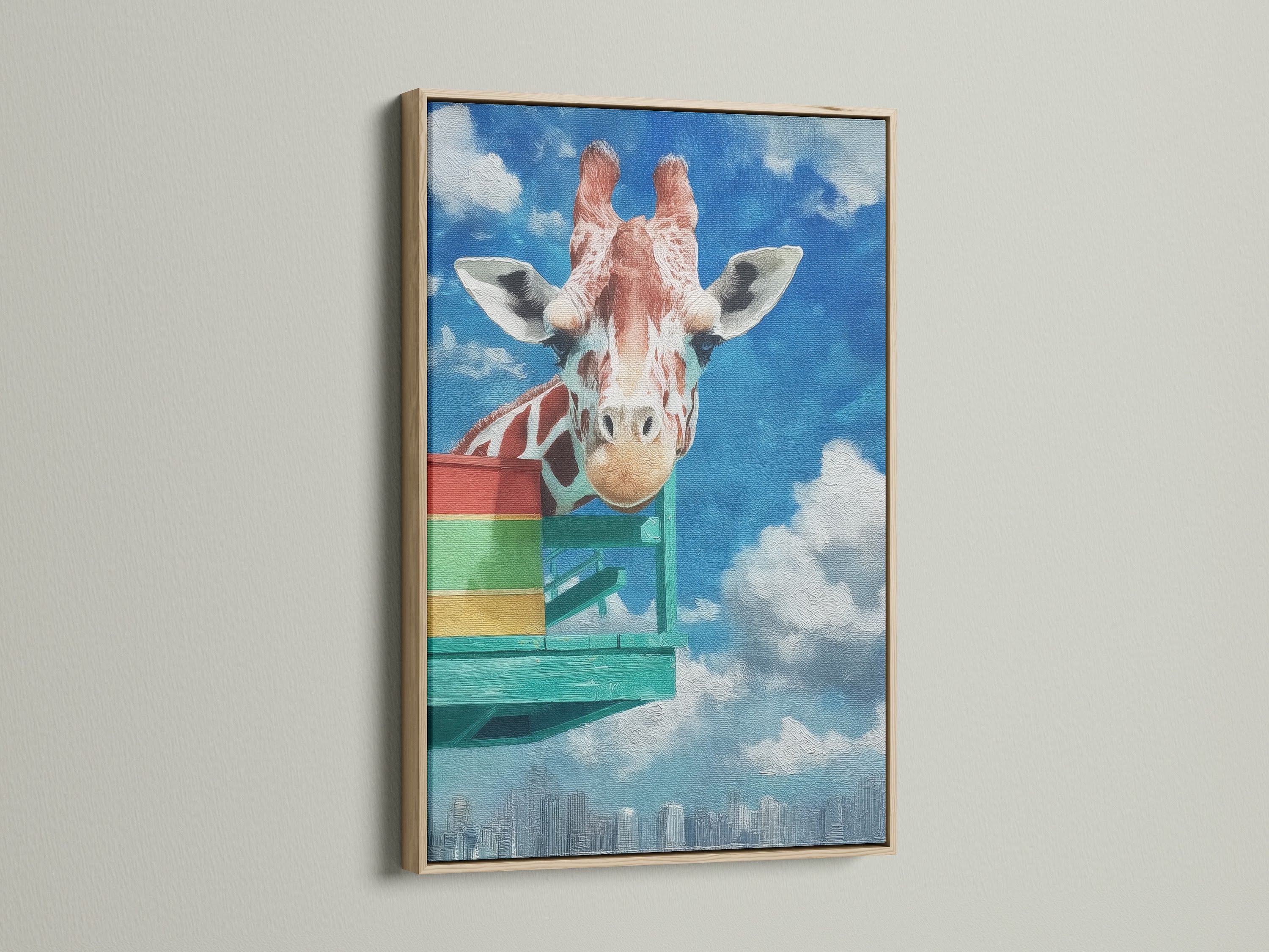 This captivating giraffe artwork print is beautifully showcased in an oak frame. The cityscape print brings a playful and modern vibe. Ideal for kids' rooms or nurseries. The oak frame enhances the artwork's charm. Elevate your decor with this charming animal canvas art.