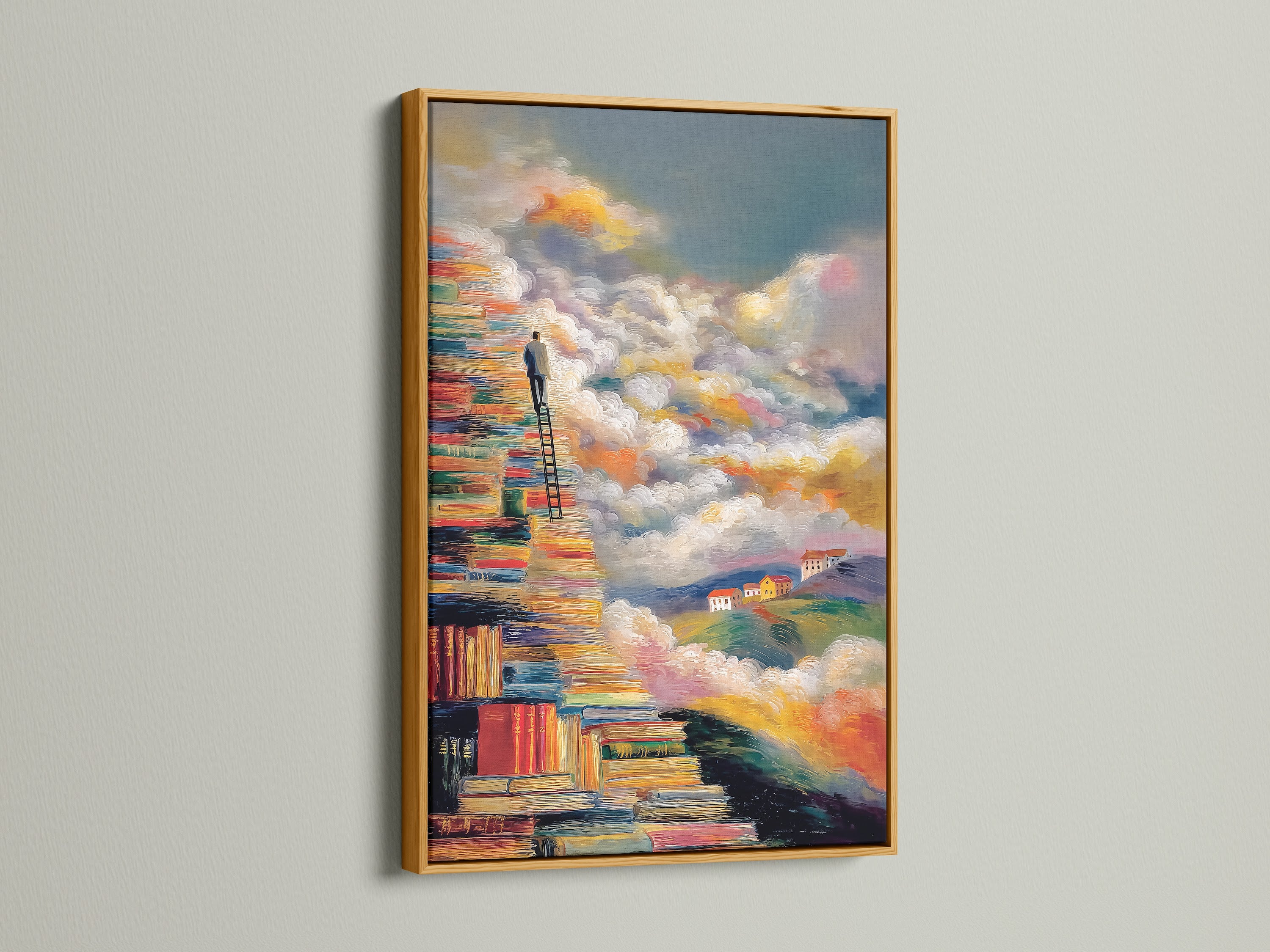 Books to Clouds artwork in a gold frame. This fine art print features a stairway of books leading to a cloudy sky. The surrealist decor is perfect for adding a touch of inspiration to your space. Ideal for study rooms and libraries. The artwork is modern and colorful.