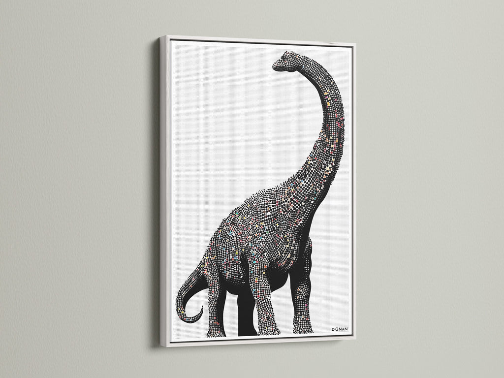 Dinosaur wall art featuring a minimalist brontosaurus canvas print. It is perfect modern nursery decor for a kids room. The artwork has a white frame. This sauropod artwork is great for children's boutiques and pediatric clinics.