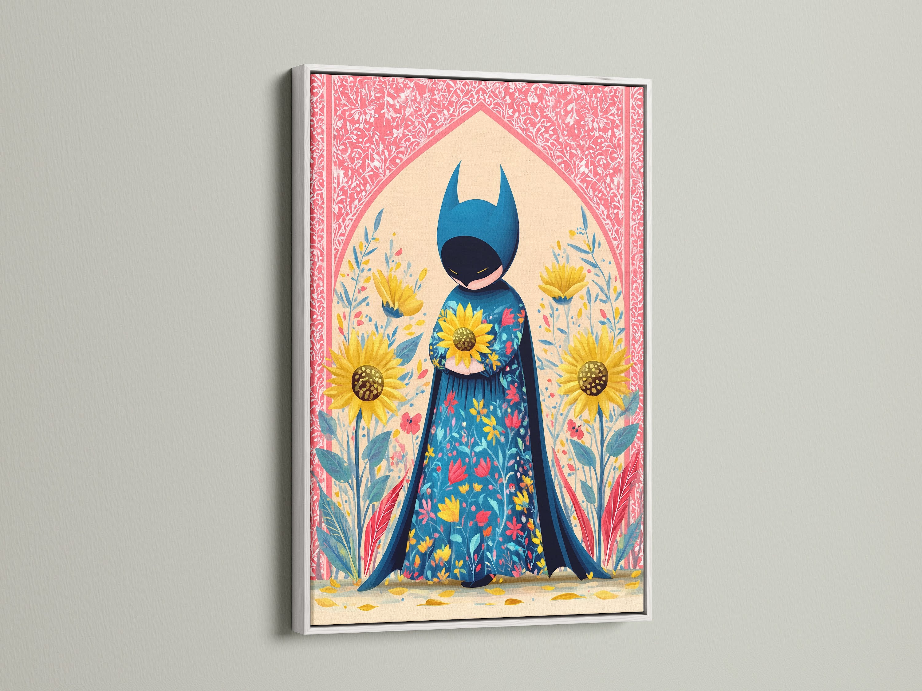 A superhero canvas artwork is displayed in a white frame. The art features folk art with floral elements. The artwork is ideal for nursery art. It makes a whimsical addition to any room. This cute art print is a unique child gift. The artwork includes sunflowers and a hero canvas.