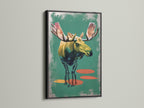 Artwork of a moose in a black frame. The black frame provides a bold and classic look. It makes the artwork stand out. The art is matted and ready to hang. Add a touch of sophistication to your living space with framed artwork.