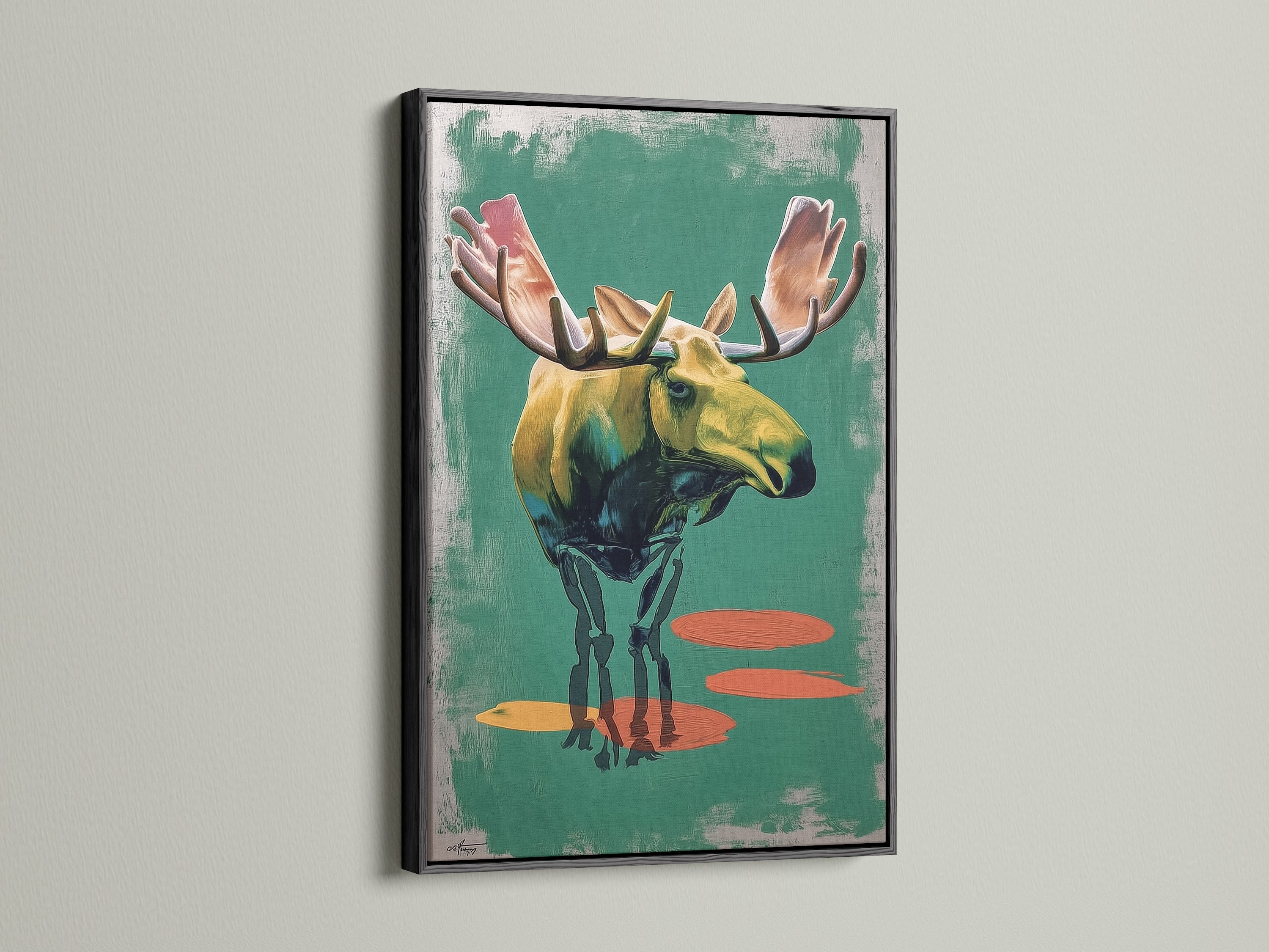 Artwork of a moose in a black frame. The black frame provides a bold and classic look. It makes the artwork stand out. The art is matted and ready to hang. Add a touch of sophistication to your living space with framed artwork.