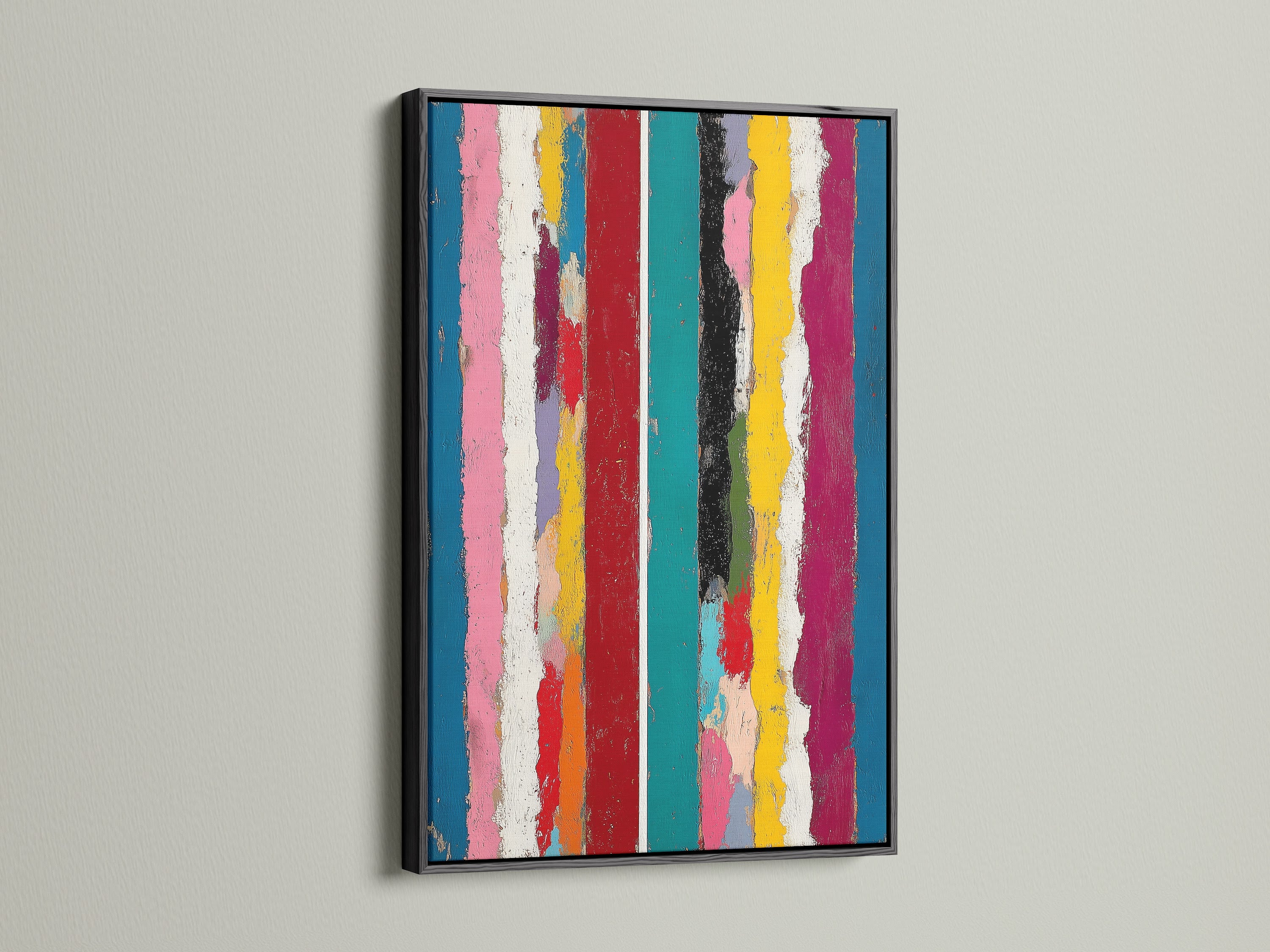 This abstract stripe artwork is showcased in a sleek black frame. The rainbow hues and vertical lines offer a modern contemporary touch. Elevate your decor with this vibrant art suitable for homes or business spaces alike.