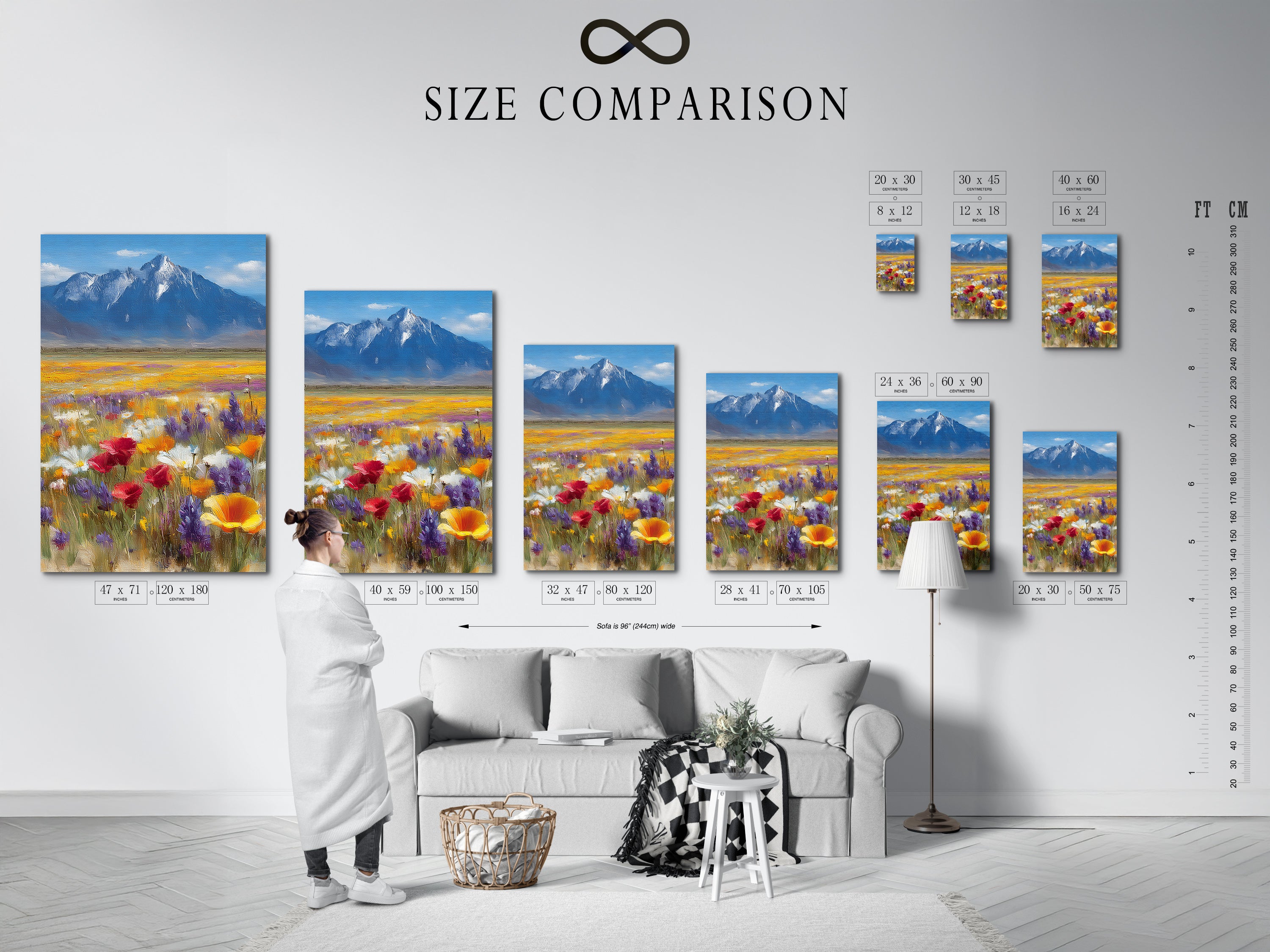 Size comparison chart in an interior setting. Illustrating how our wildflower meadow artwork fits various spaces. Visualize the impact of our mountain landscape wall art in your home. Choose the perfect size for your colorful poppy field print. Find the ideal dimensions to enhance your living room bedroom or office decor.