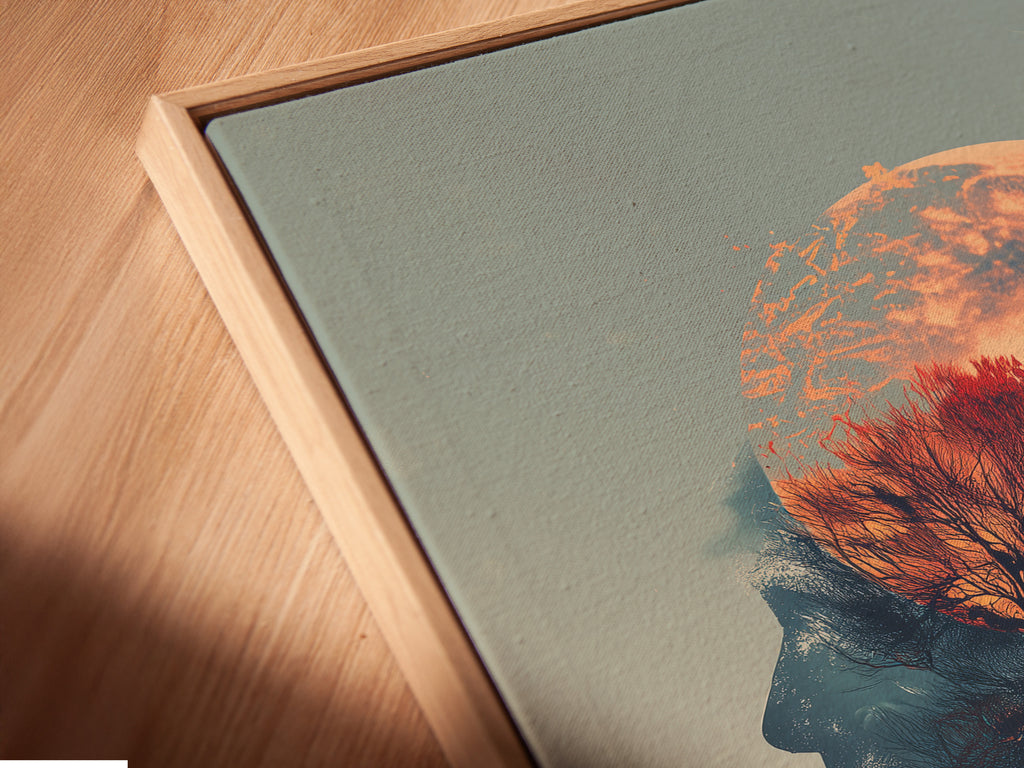 A close-up shows a canvas print in a floating frame. This artwork features a woman silhouette a moon and a tree. The surreal double exposure adds depth. This modern piece enhances any room's aesthetic appeal.