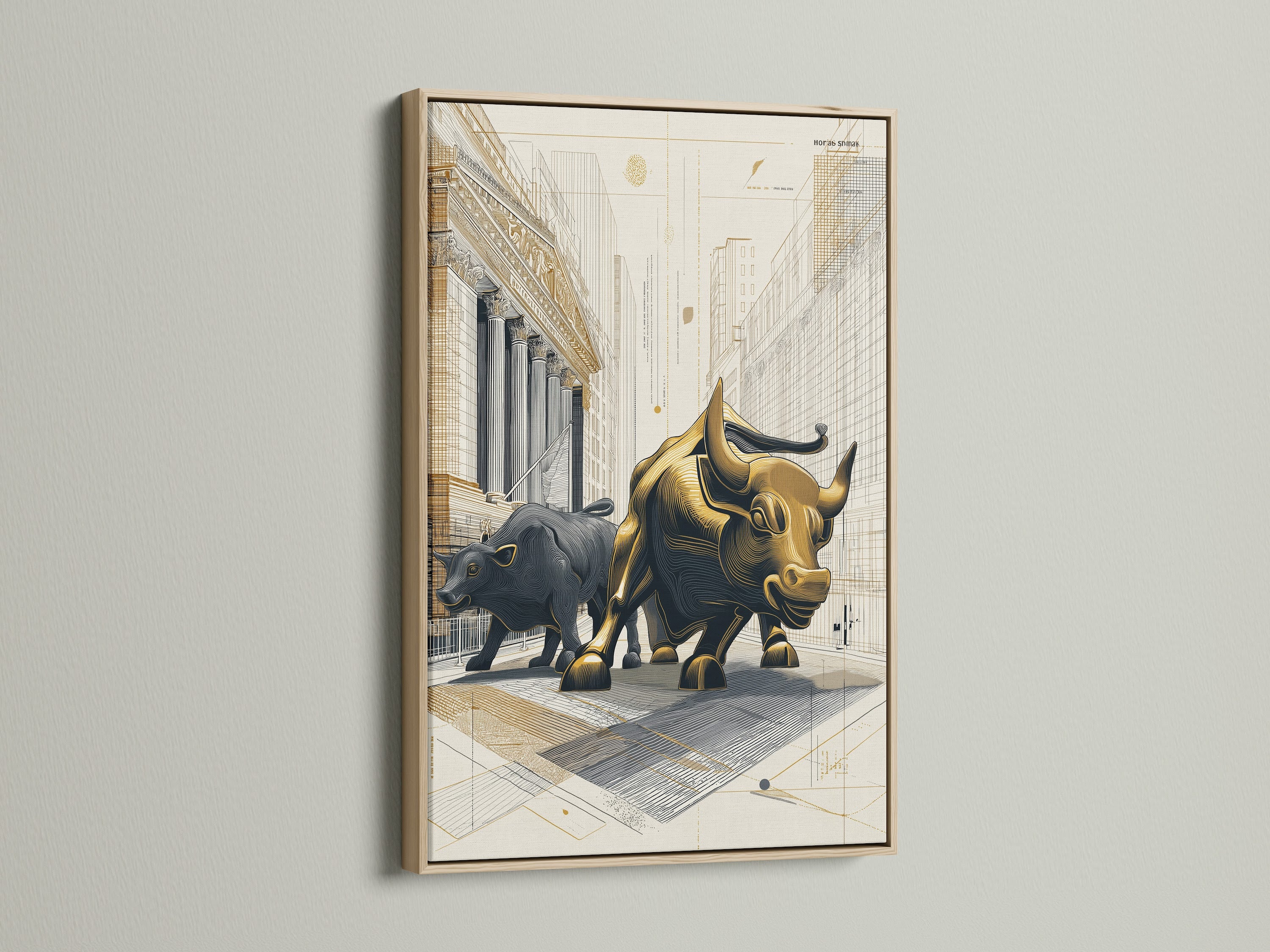 Artwork featuring a bull statue in an oak frame. The oak frame adds a touch of natural elegance. Perfect for enhancing the artwork's appeal. Discover how an oak frame elevates this piece.