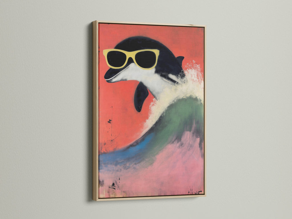 The oak frame highlights a retro penguin artwork creating a visually appealing display. This cool animal print is perfect for adding a fun touch to kids room decor. The artwork features a quirky bird with sunglasses against a bold red background. The oak frame complements the playful and colorful nature of the art. It is ideal for a modern animal art theme.