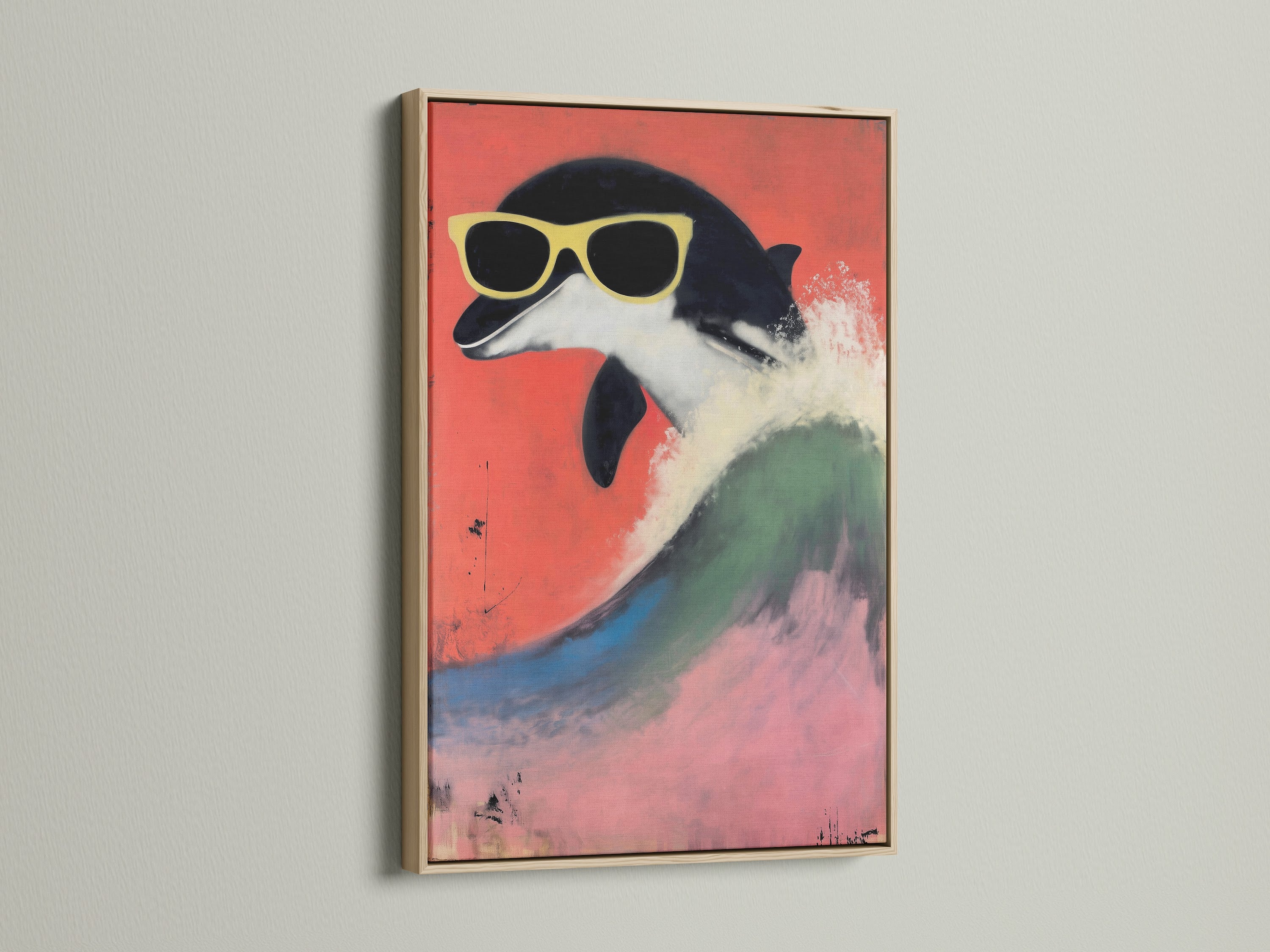 The oak frame highlights a retro penguin artwork creating a visually appealing display. This cool animal print is perfect for adding a fun touch to kids room decor. The artwork features a quirky bird with sunglasses against a bold red background. The oak frame complements the playful and colorful nature of the art. It is ideal for a modern animal art theme.