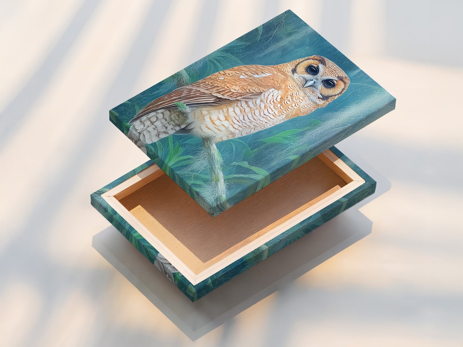 A stretched canvas print showcases a captivating owl artwork. The canvas texture enhances the artwork's depth. It brings a gallery-quality feel to your home. This piece offers a stunning focal point for any room. Perfect for adding a touch of the wild to your interior.