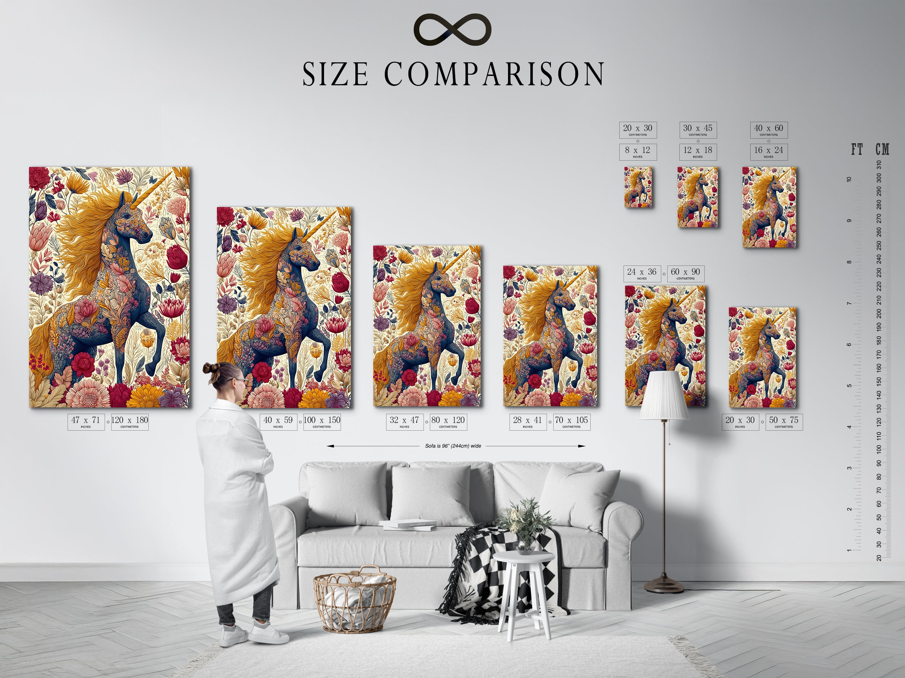 Compare sizes with our easy-to-read chart. This helps you choose the perfect dimensions for your artwork. Visualize how the floral unicorn art will look in your space. Find the ideal size to complement your home decor. Make the right choice for your wall art.