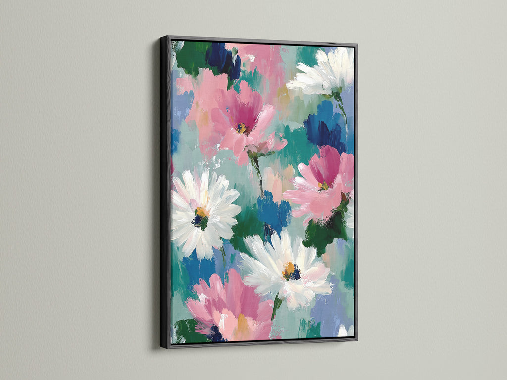 Add sophistication to your artwork with a sleek black frame. This abstract floral art features pink and white daisies. The botanical canvas print offers a contemporary touch. Ideal for those seeking elegant living room wall art or office wall art.