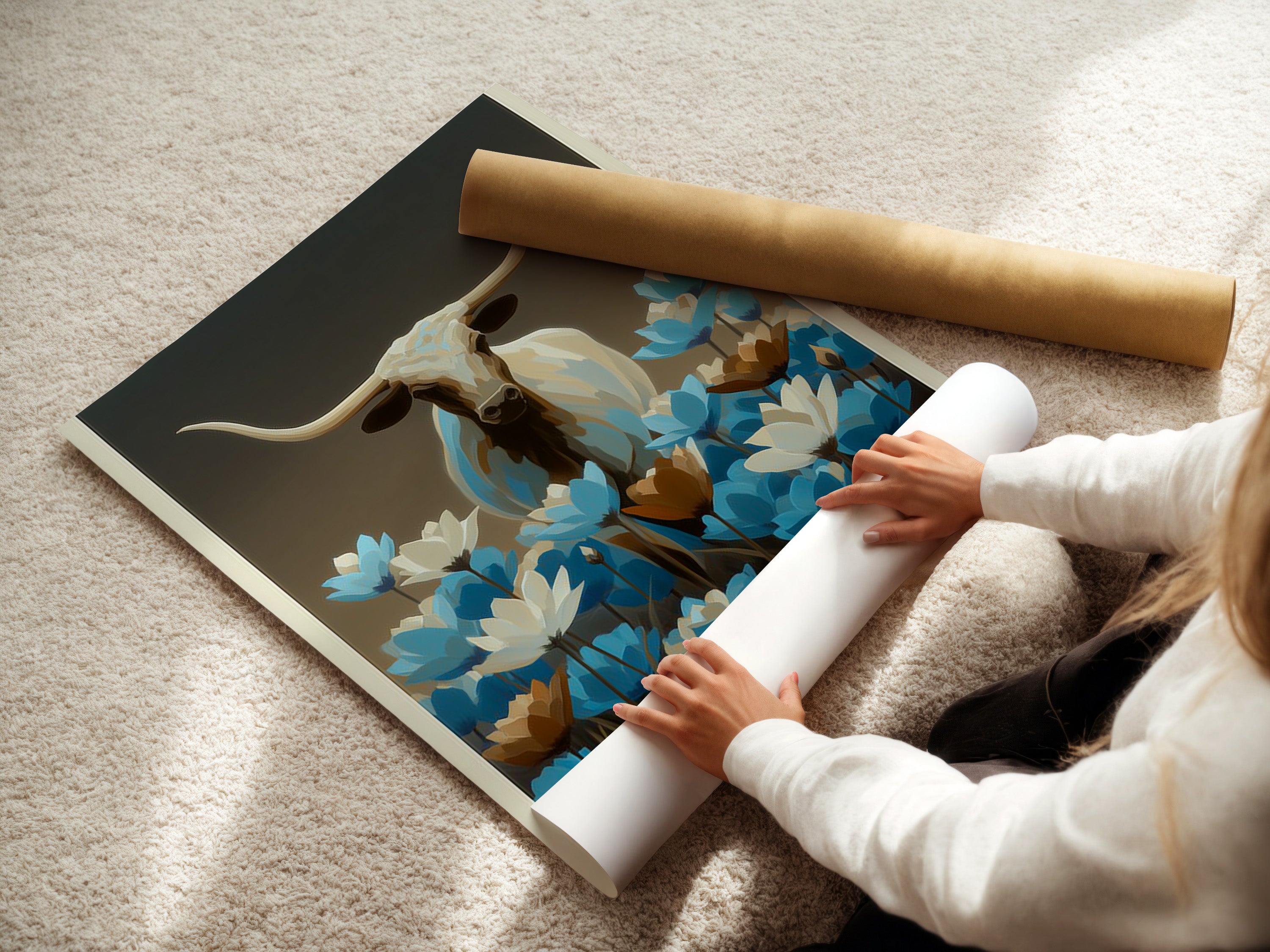 A woman is carefully rolling a fine art poster paper. The artwork features a longhorn bull with blue wildflowers. This is perfect Western wall decor. The bull canvas print is ideal for modern farmhouse decor for your home.