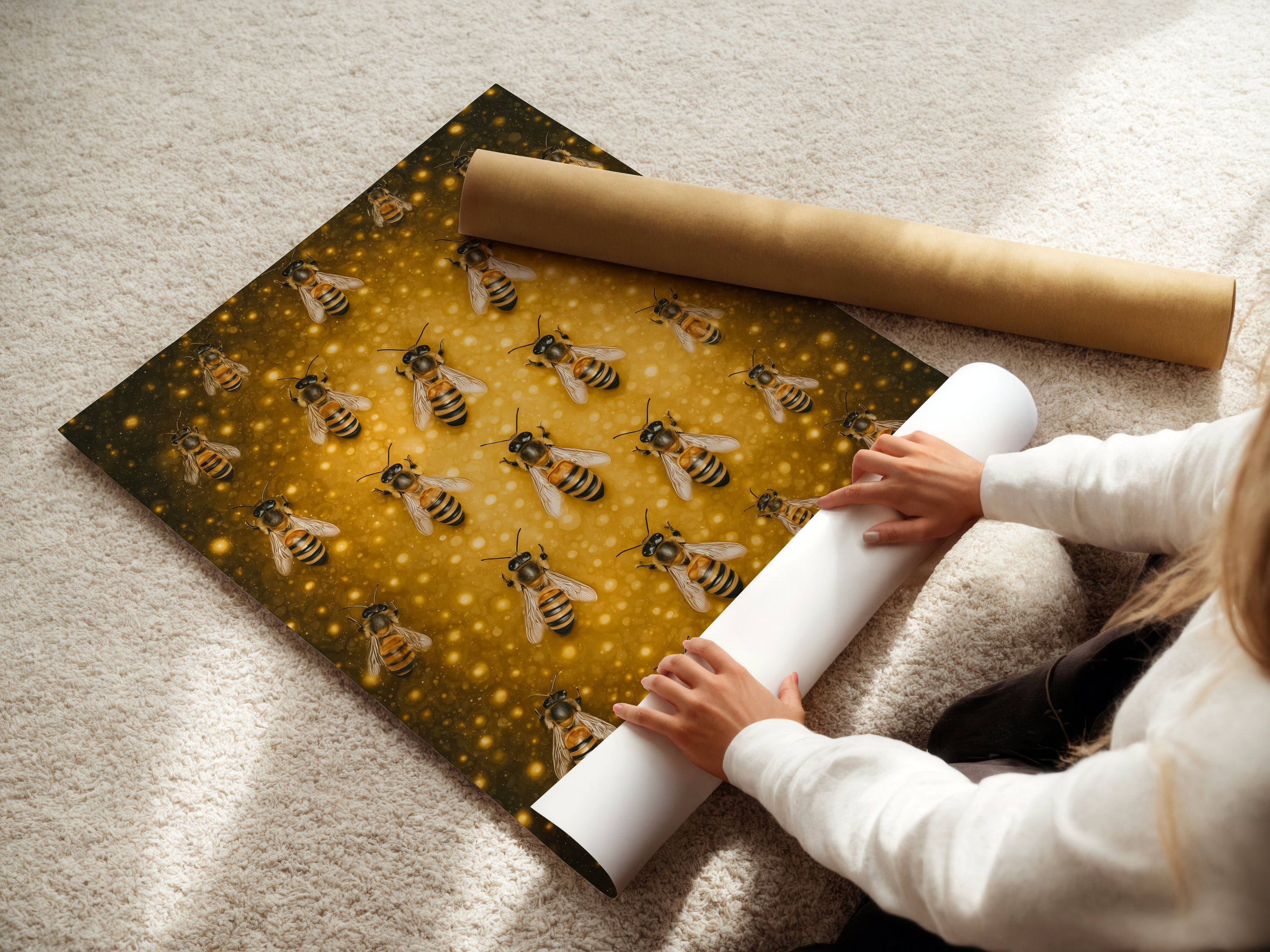 A woman carefully rolls a fine art poster paper. The Beehive Canvas Print will soon be a stunning poster. This is a great option for versatile decor. It's perfect for renters or those on a budget. The golden insect artwork is captivating.