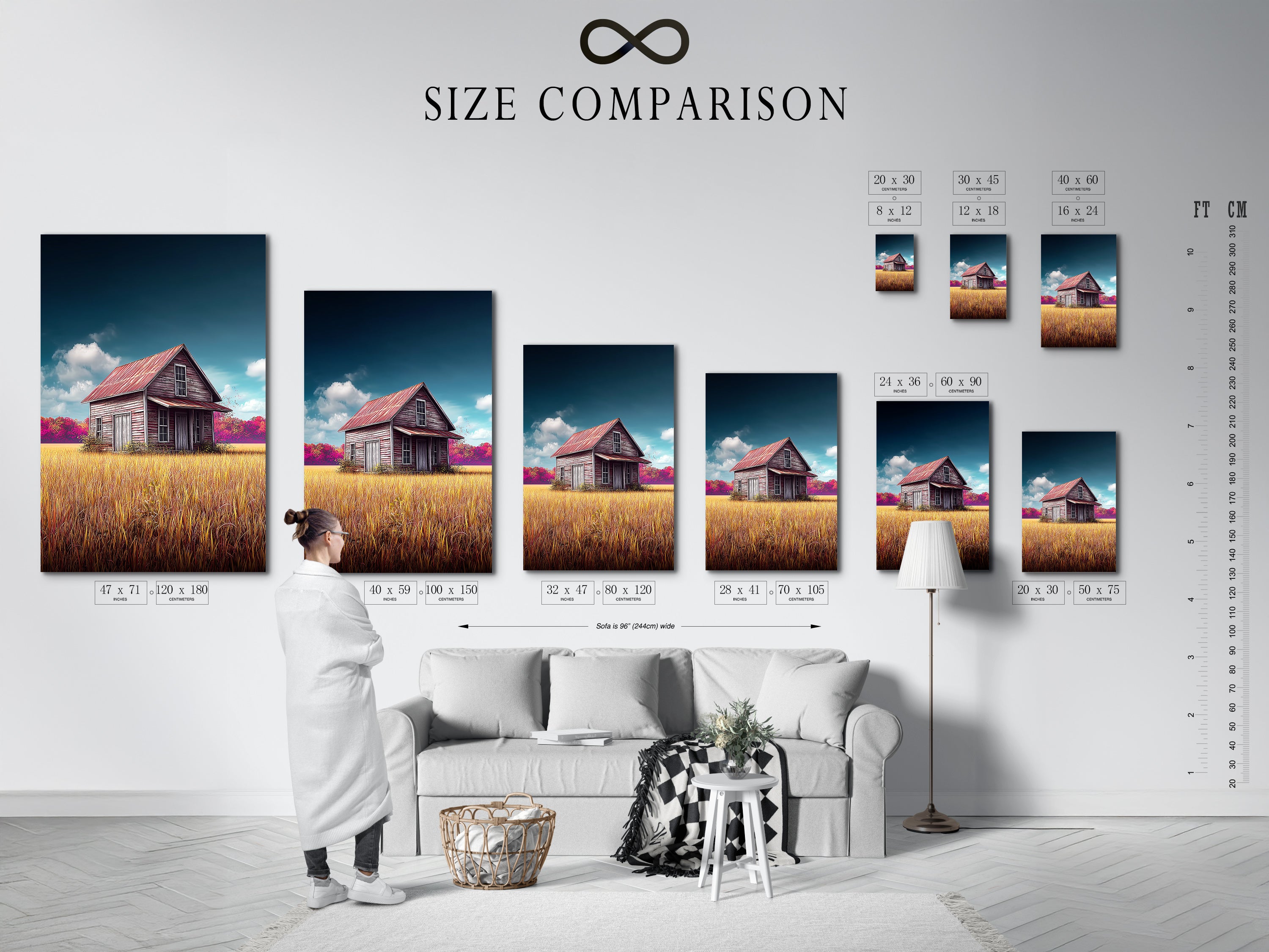 Visualize the perfect fit with our size comparison chart in an interior setting. See how different sizes of artwork can transform your space. This helpful guide ensures you choose the ideal dimensions for your wall art. Make informed decisions and create a stunning gallery wall.