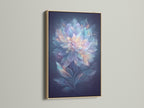An ethereal flower artwork is displayed in an oak frame. The artwork features pastel blue and pink hues. Perfect dreamy botanical artwork for your bedroom decor. Elevate your living space with this soft floral print.