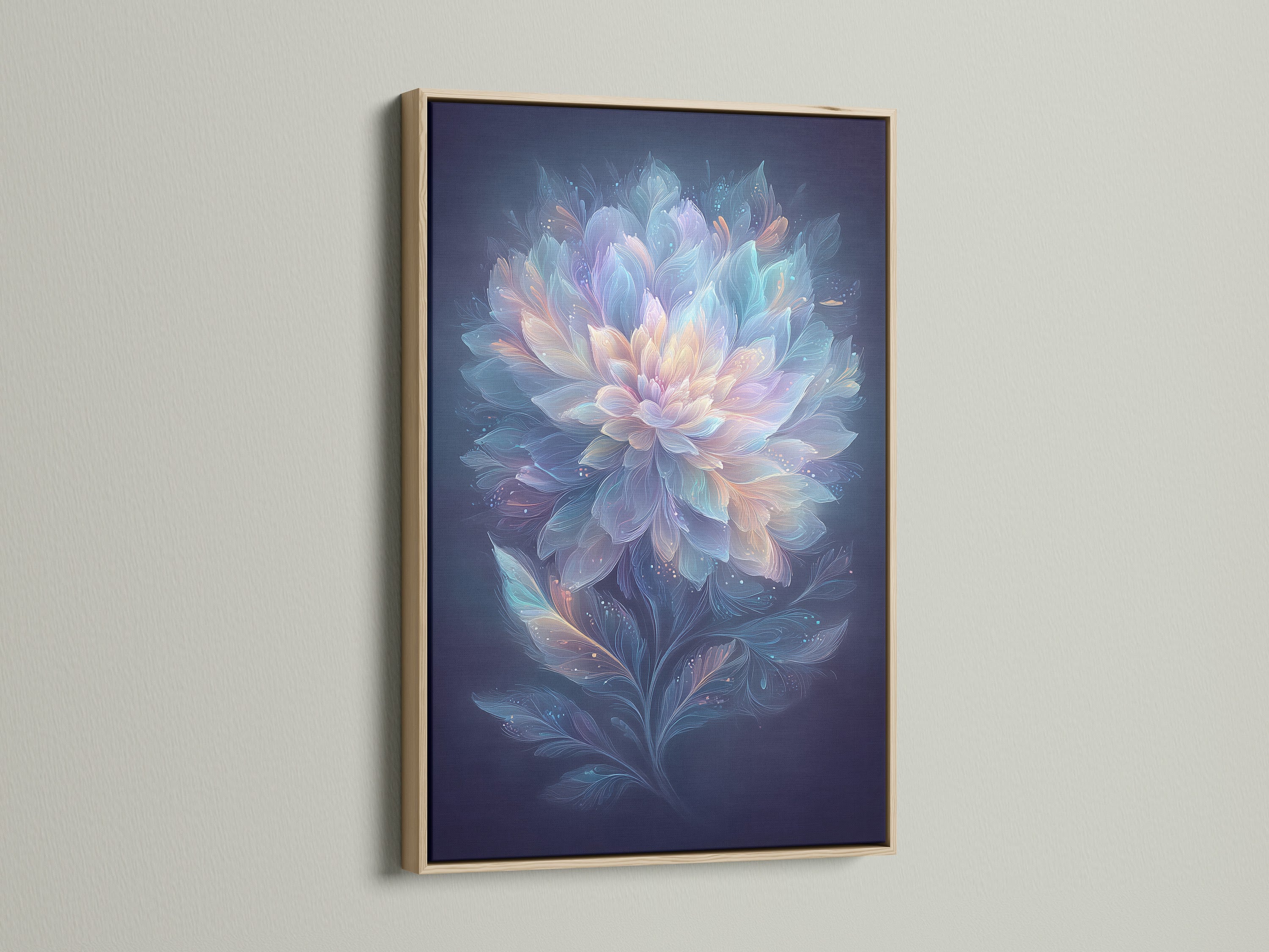 An ethereal flower artwork is displayed in an oak frame. The artwork features pastel blue and pink hues. Perfect dreamy botanical artwork for your bedroom decor. Elevate your living space with this soft floral print.