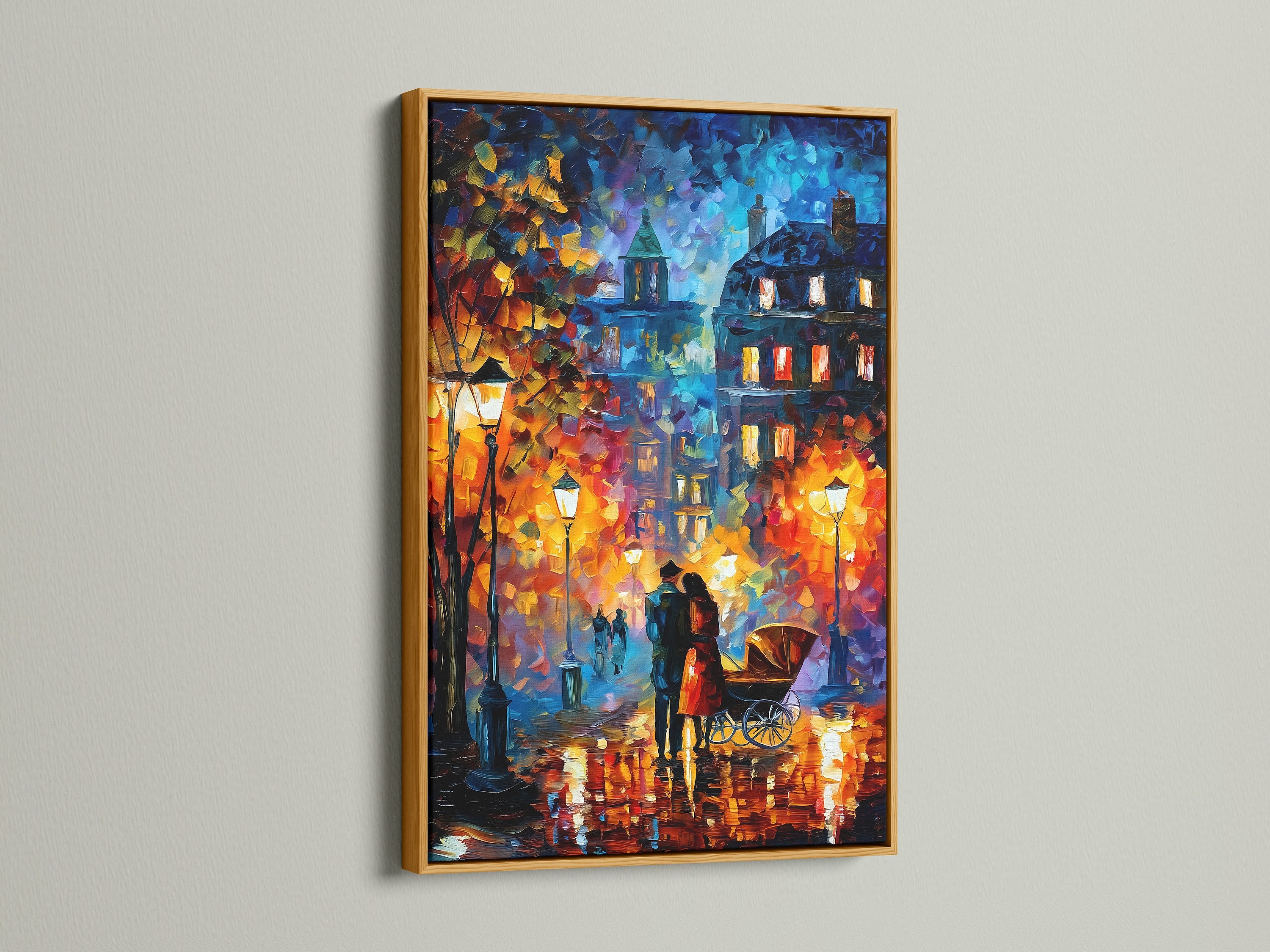 Romantic Street Art Canvas Print with a gold frame. This artwork showcases a romantic rainy street. The gold frame adds a touch of elegance and sophistication. Ideal for living rooms or entryways. A perfect piece of european art print for your home.