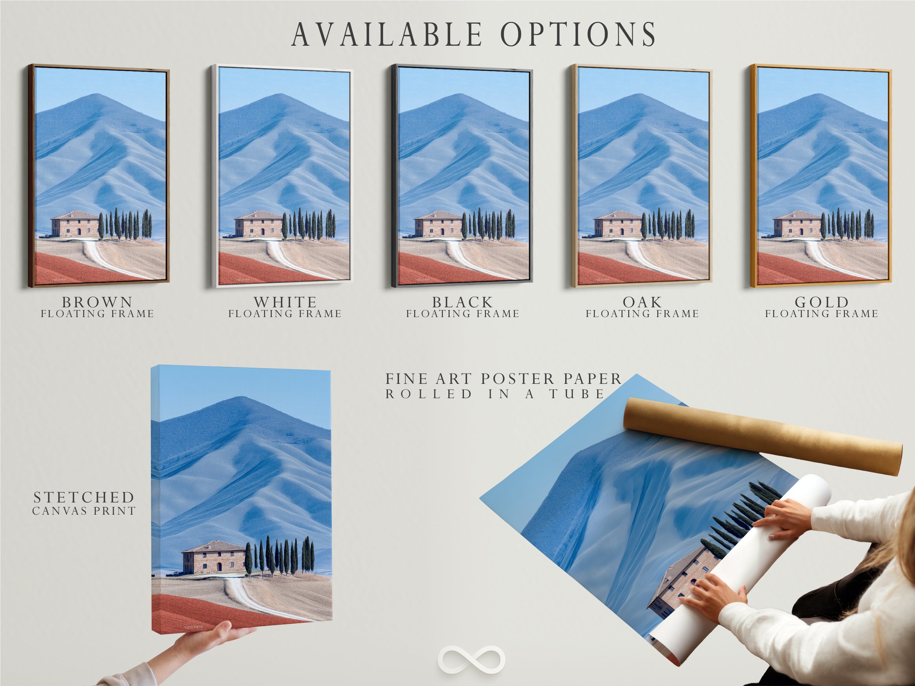 Available options for Tuscany landscape artwork. Choose from a stretched canvas print fine art poster paper or floating frame. This Italian countryside art suits various styles. Perfect for adding farmhouse scenery to your home decor choose the perfect fit for your space